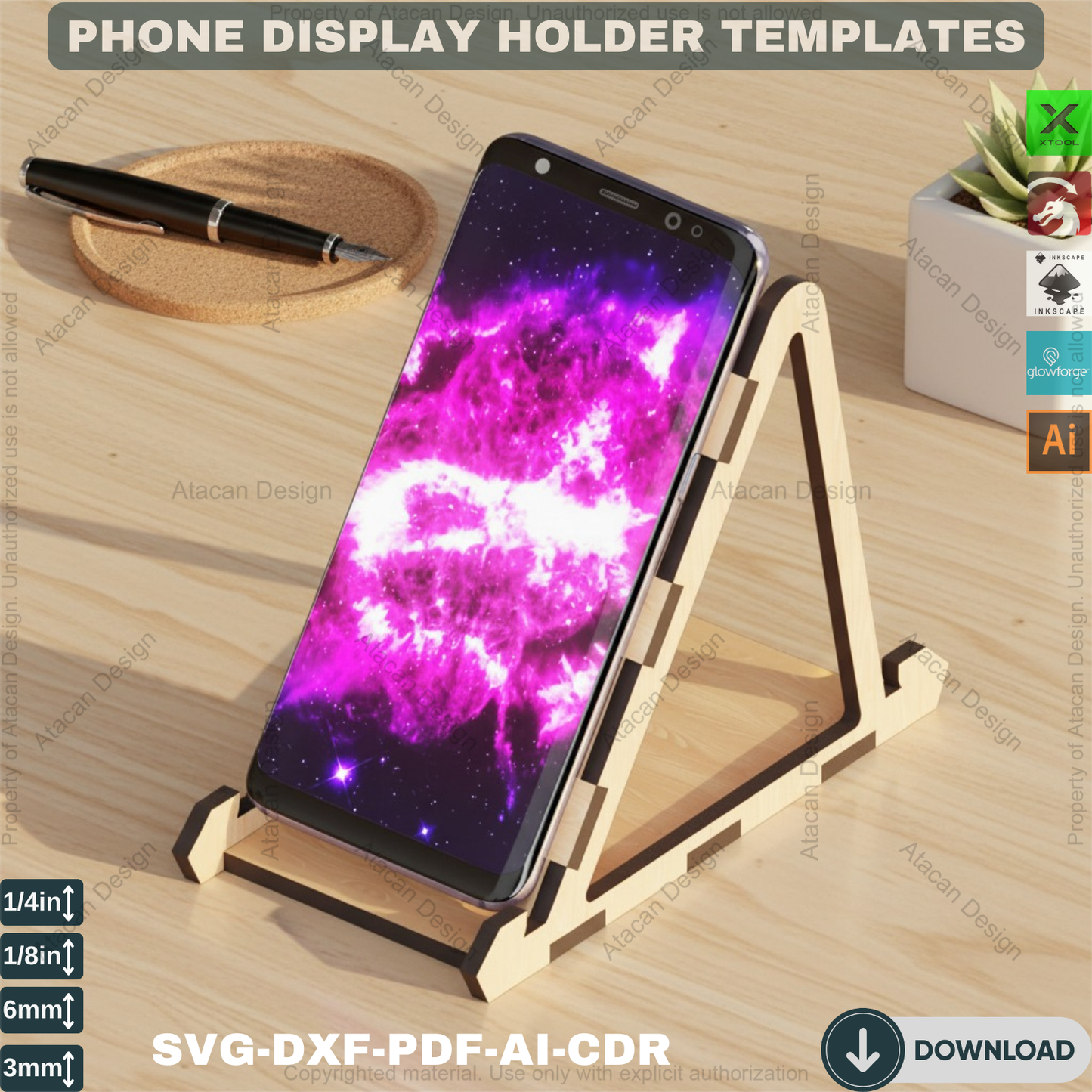 Laser Cut Phone Stand Plan,Wooden Phone Stand Laser Plan Modern Cell Phone Holder for Desk Adjustable Thickness Design Digital Download 108