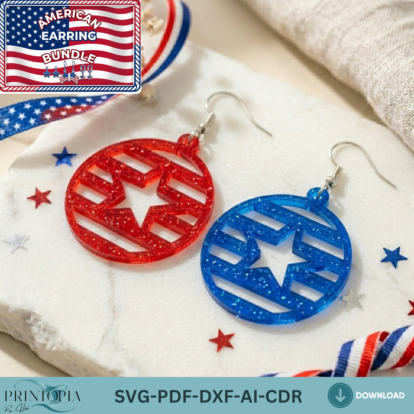 Patriotic Earring Laser Cut Design, Fourth of July American Flag Jewelry Template, USA Stars Independence Day