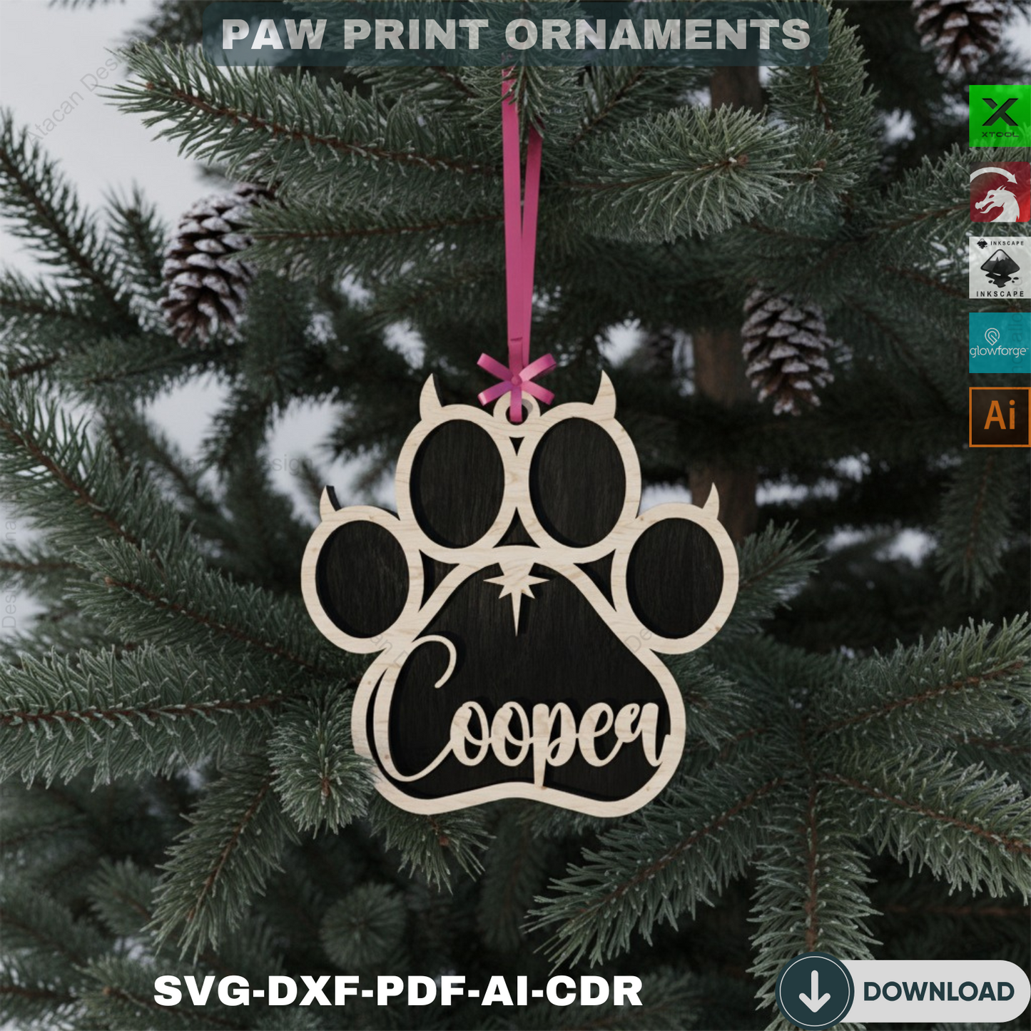 Personalized Dog Paw Ornament - Custom Wooden Pet Christmas Keepsake for Laser Cutting 809