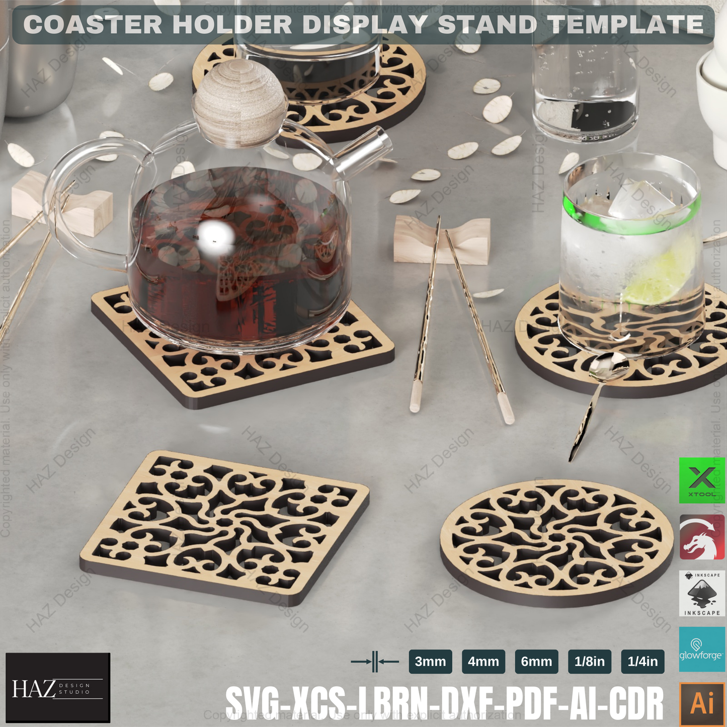 Laser Cut Coaster Caddie: Wooden Round & Square Designs,Coaster Holder SVG: Digital File for Laser Cutting, 5 Thicknesses 430