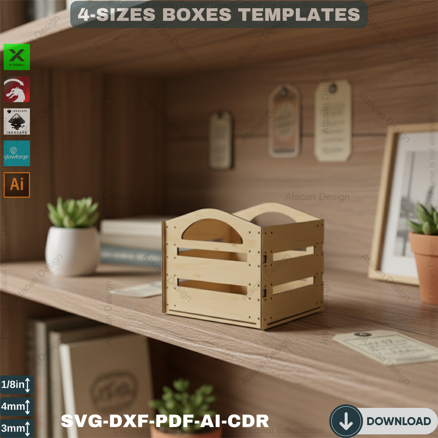 Wooden Laser cut Boxes / Box SVG Templates / Glowforge Box Cut Plans / Boxes With Handles Svg Dxf Ai Cdr Pdf 359