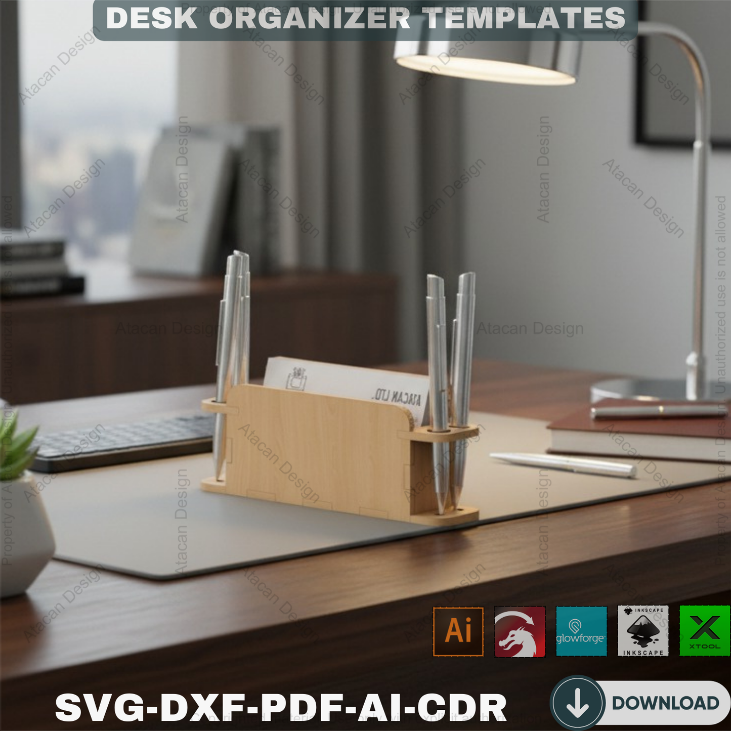 Business Card Holder Laser Cut SVG File - Wood Desk Organiser Accessories - Download Glowforge Cut file 100