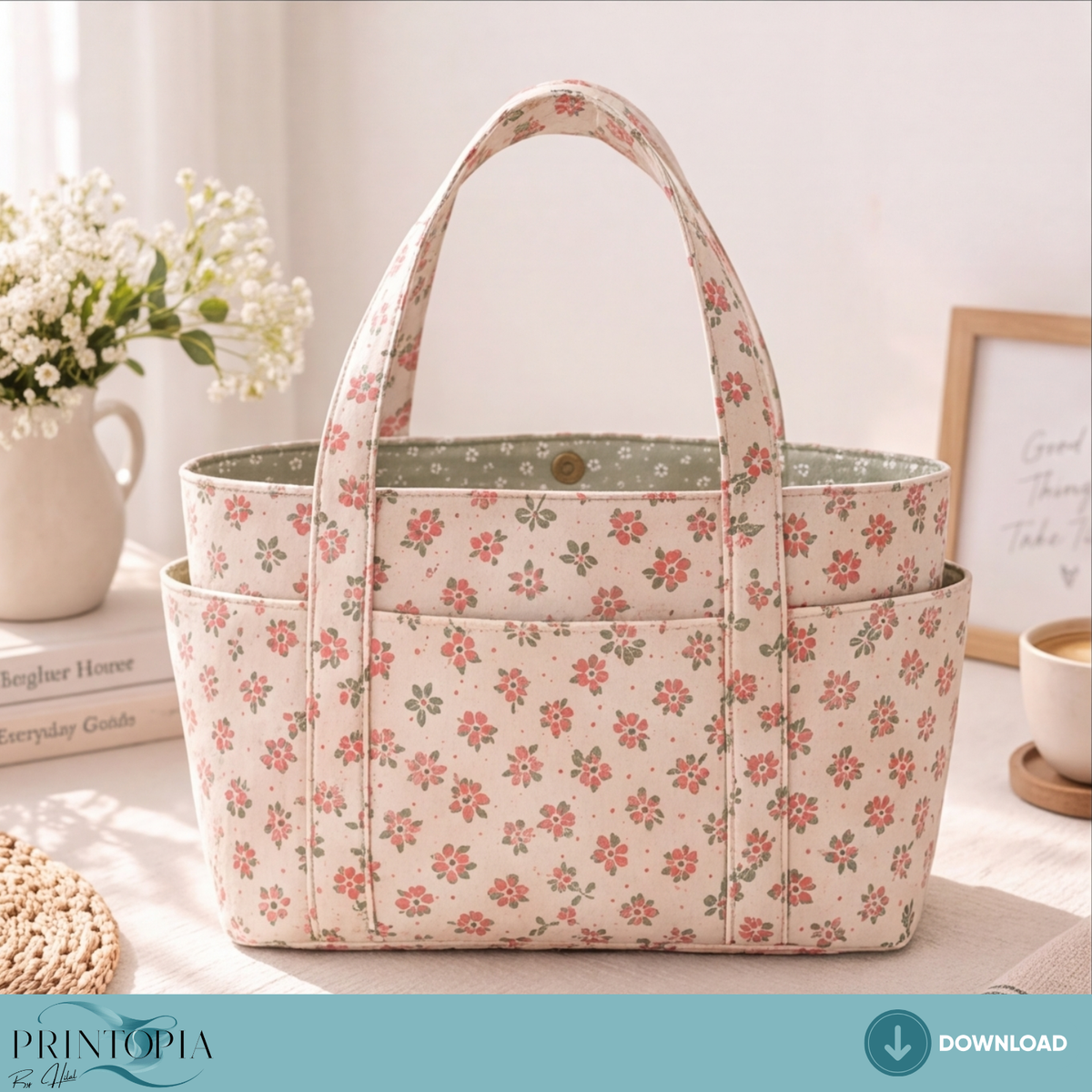 Floral Tote Bag Sewing PDF Pattern Multi Pocket Organizer 4 Sizes Included