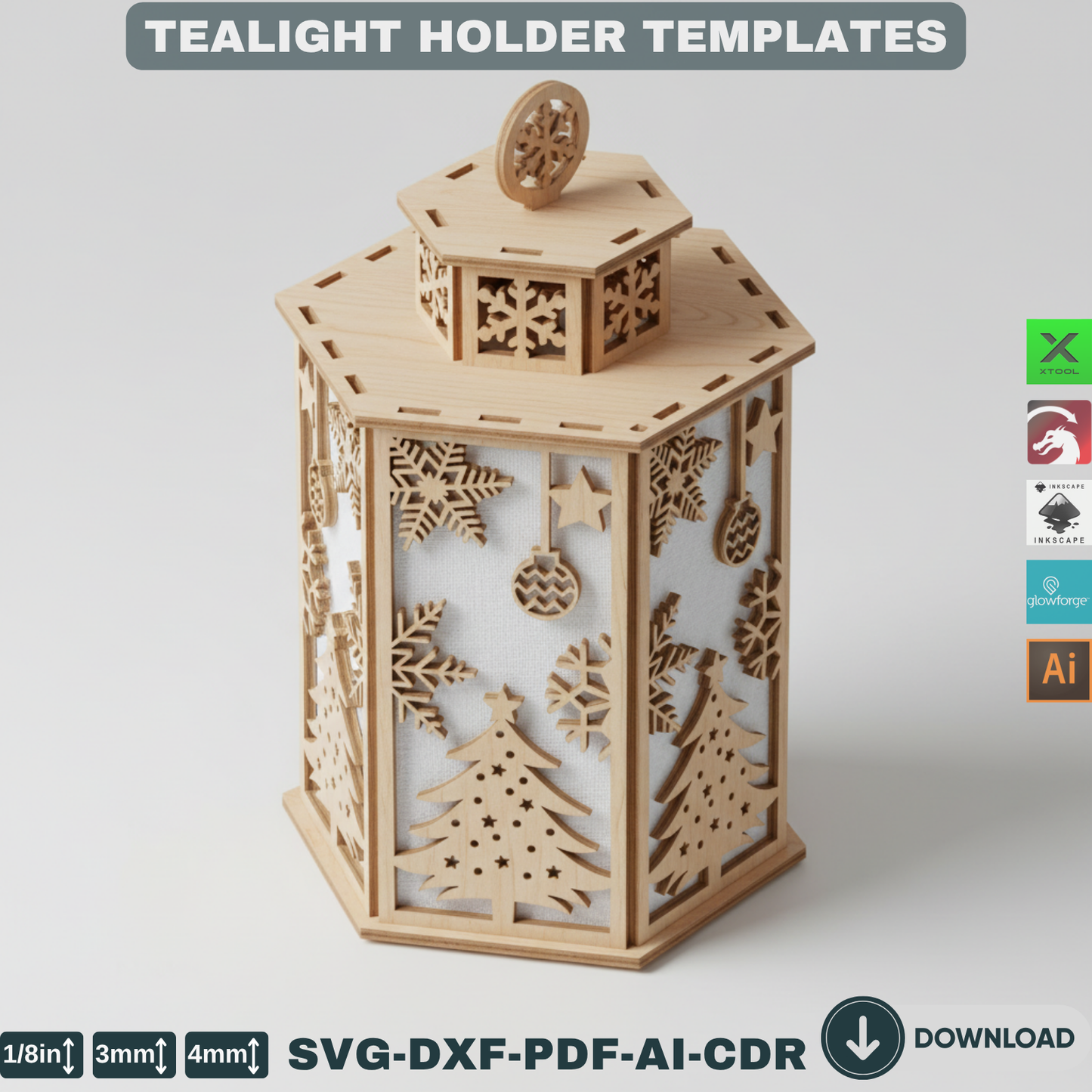 Laser Cut Christmas Lantern Set – Wooden Tealight Holders, DIY Tabletop Holiday Lights, Winter Village Christmas Home Decor 904