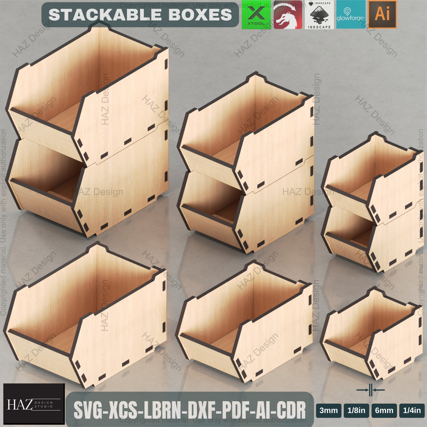 Laser Cut Stackable Storage Box Template | 3 Sizes | DIY Wooden Organizer Plan,DIY Multi-Size Stackable Bins | Laser Cut Files for Workshop & Office Storage 451