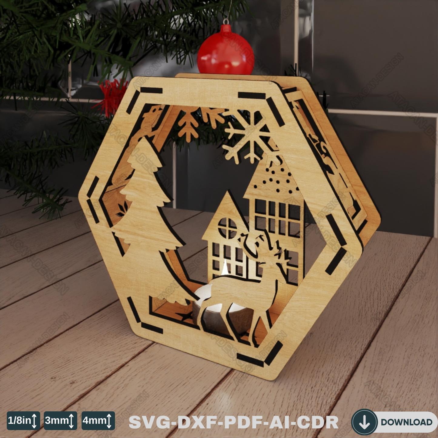 Christmas Hexagon Lantern - Laser Cut Wooden Candle Holder with Snowy Holiday Scenes 768