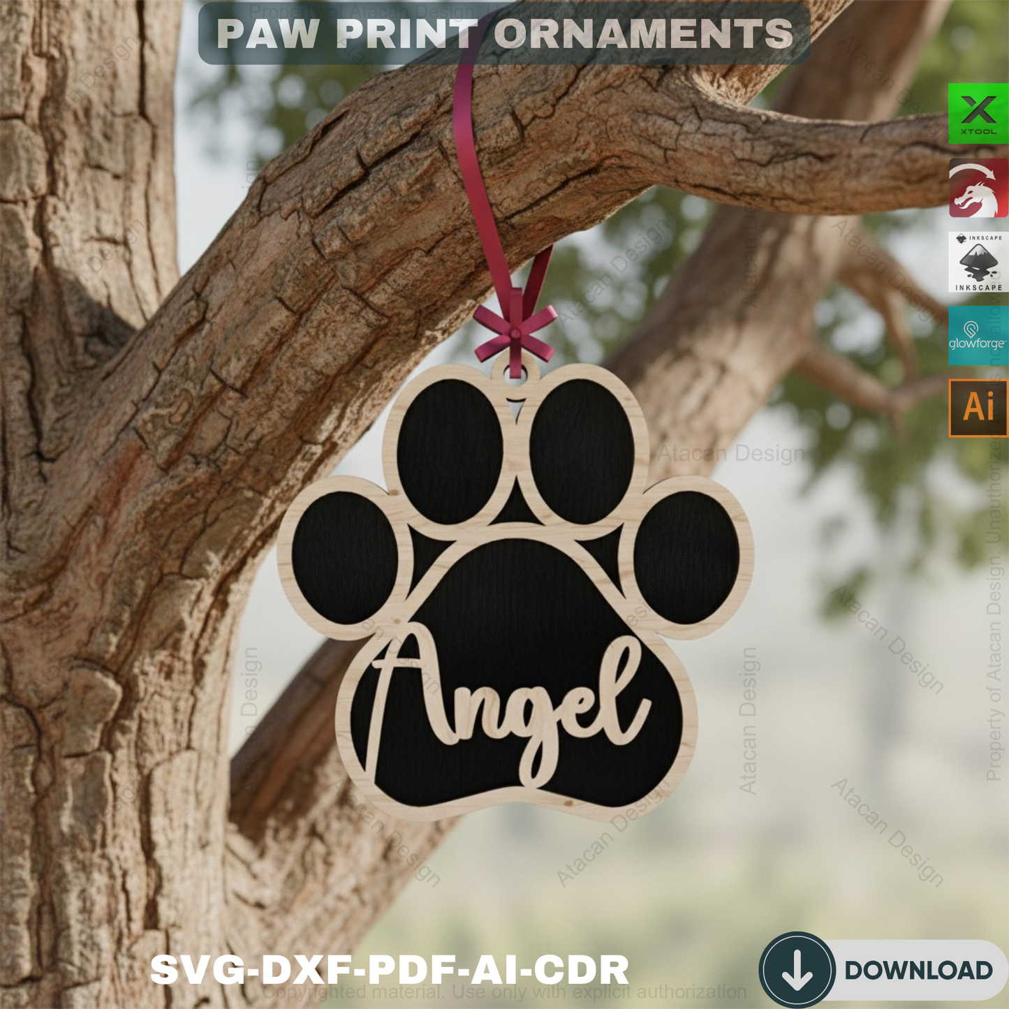 Personalized Dog Paw Ornament - Custom Wooden Pet Christmas Keepsake for Laser Cutting 809