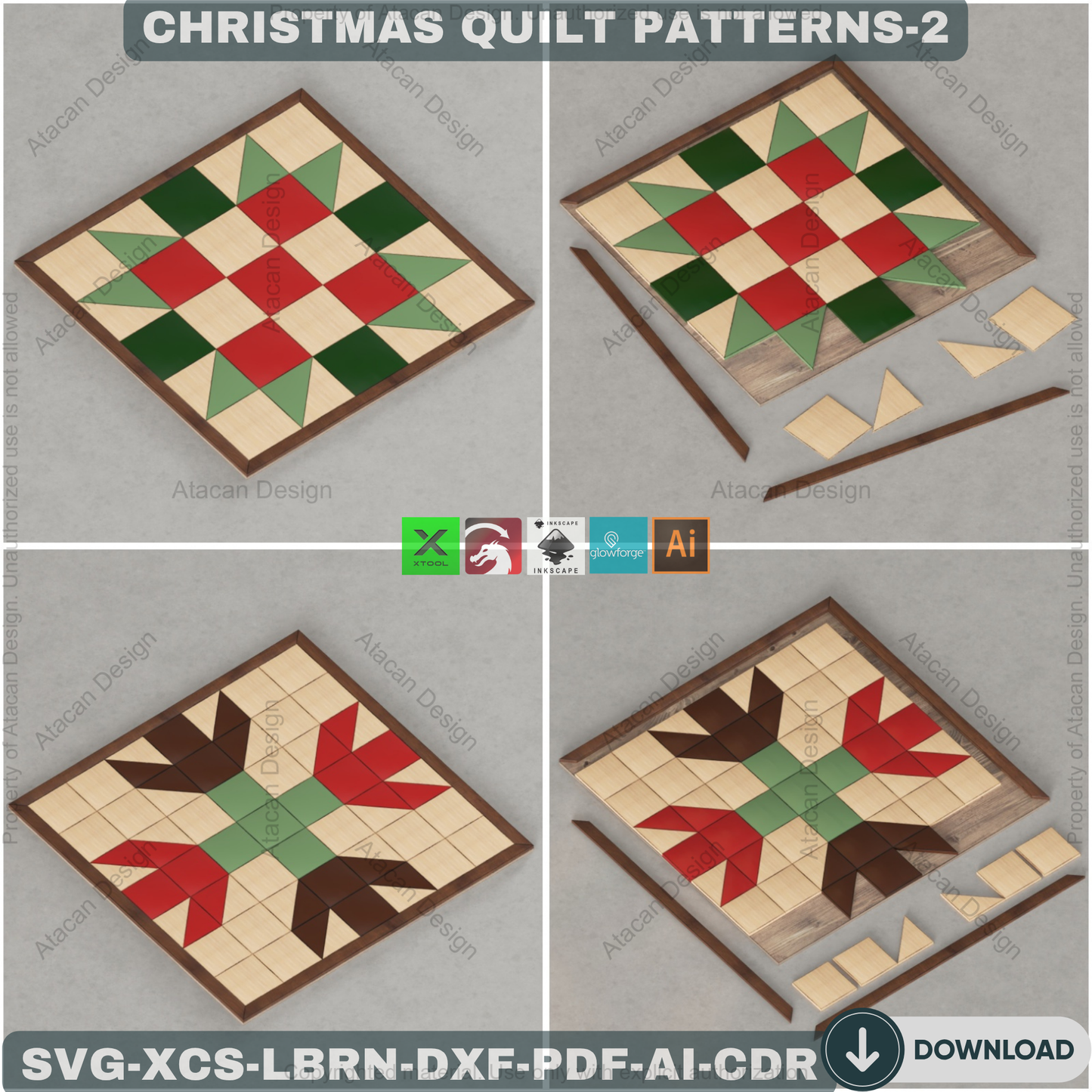 Christmas Patchwork SVG Files, Holiday Wood Quilt Block Templates, Laser Cut Tree and Snowflake Art for Farmhouse Decor 891