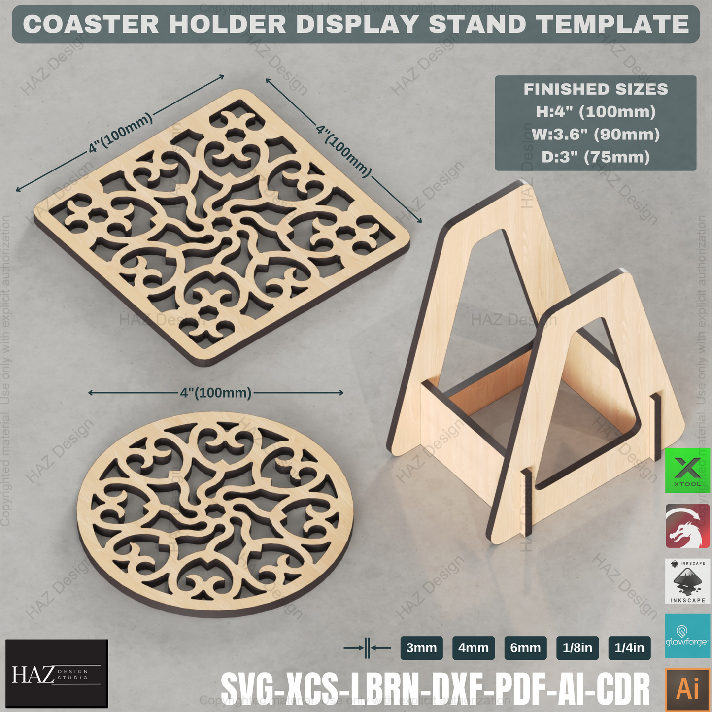 Laser Cut Coaster Caddie: Wooden Round & Square Designs,Coaster Holder SVG: Digital File for Laser Cutting, 5 Thicknesses 430