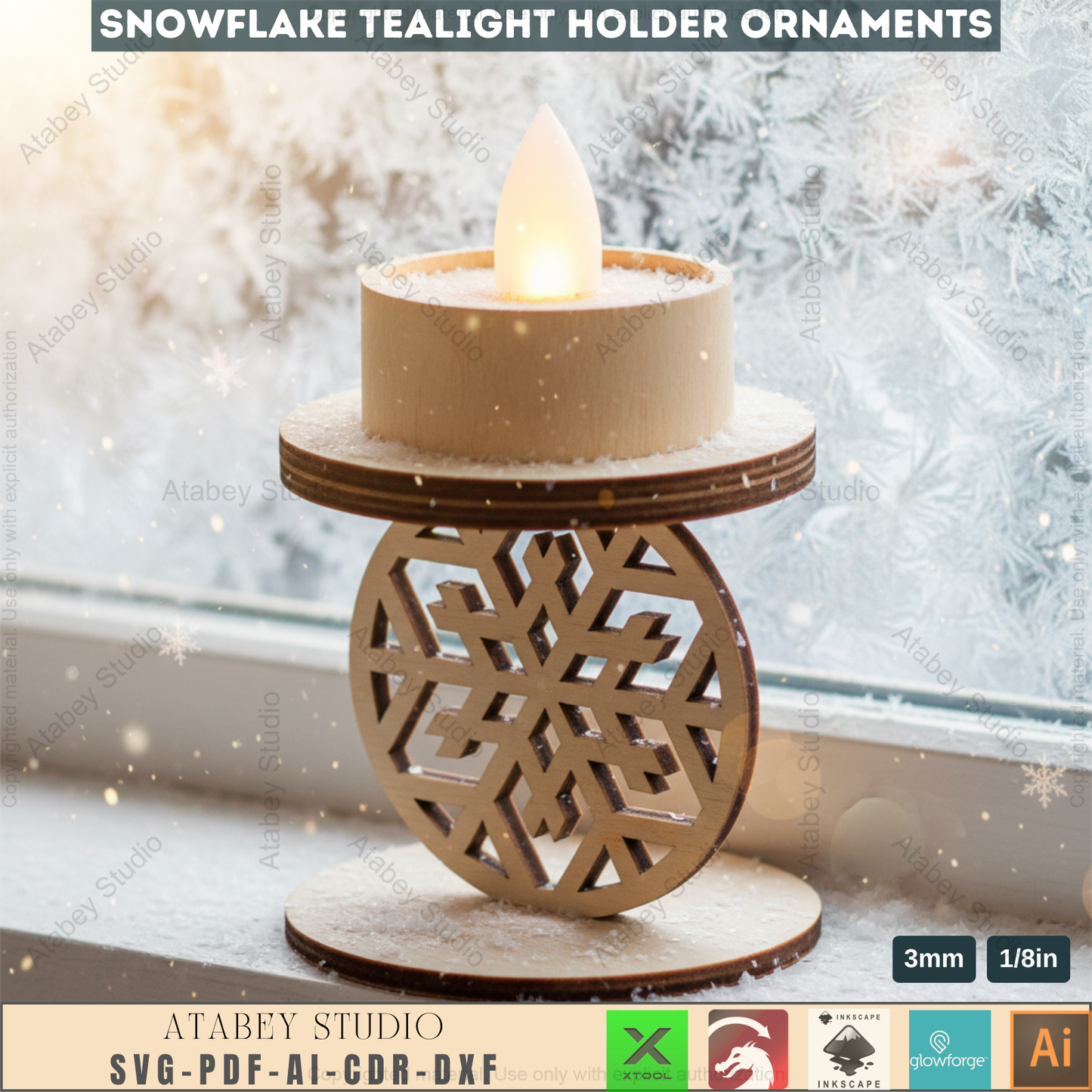 Winter Snowflake Tea Light Holder Set | Wooden Laser Cut Candle Stand Pattern | Christmas Ornament DIY Digital Craft Files 963