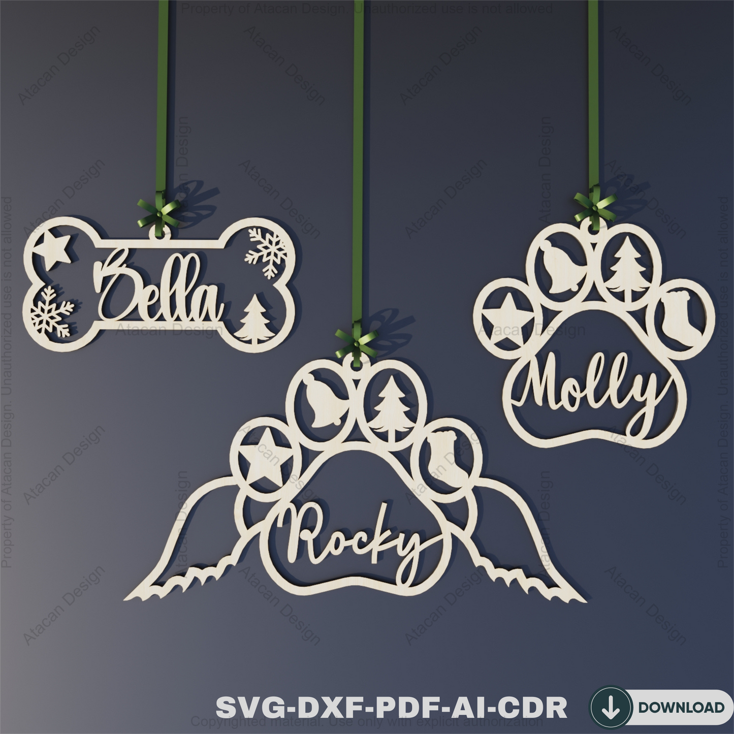Personalized Dog Paw Ornament Custom Pet Christmas Wooden Keepsake Decoration,Angel Wing Paw Print Ornament, Dog Bone Christmas Ornament 808