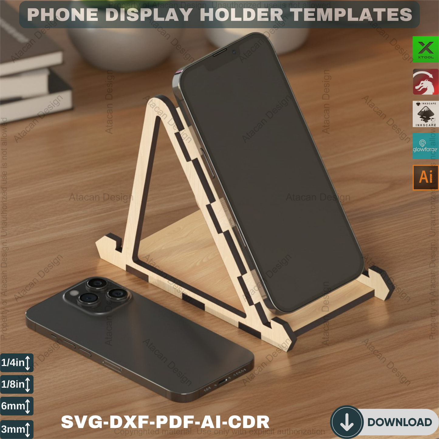 Laser Cut Phone Stand Plan,Wooden Phone Stand Laser Plan Modern Cell Phone Holder for Desk Adjustable Thickness Design Digital Download 108