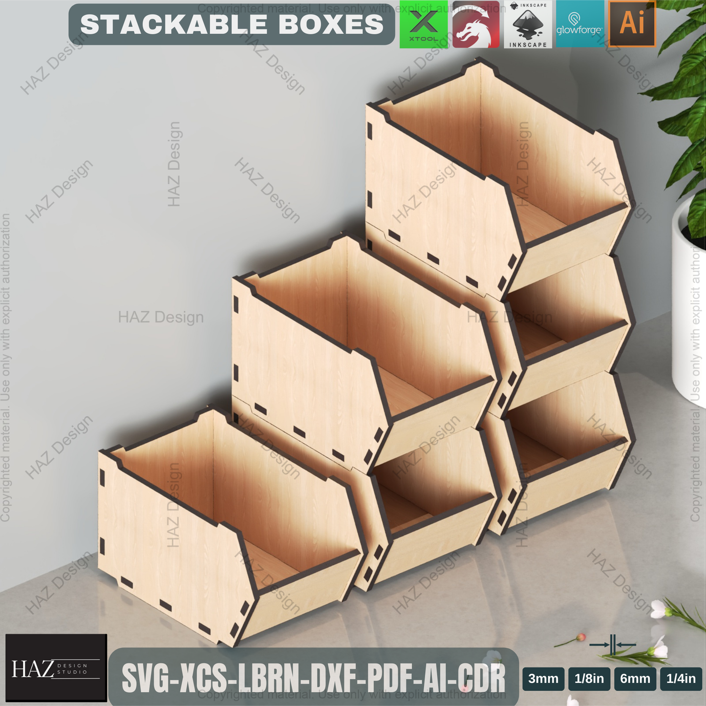 Laser Cut Stackable Storage Box Template | 3 Sizes | DIY Wooden Organizer Plan,DIY Multi-Size Stackable Bins | Laser Cut Files for Workshop & Office Storage 451