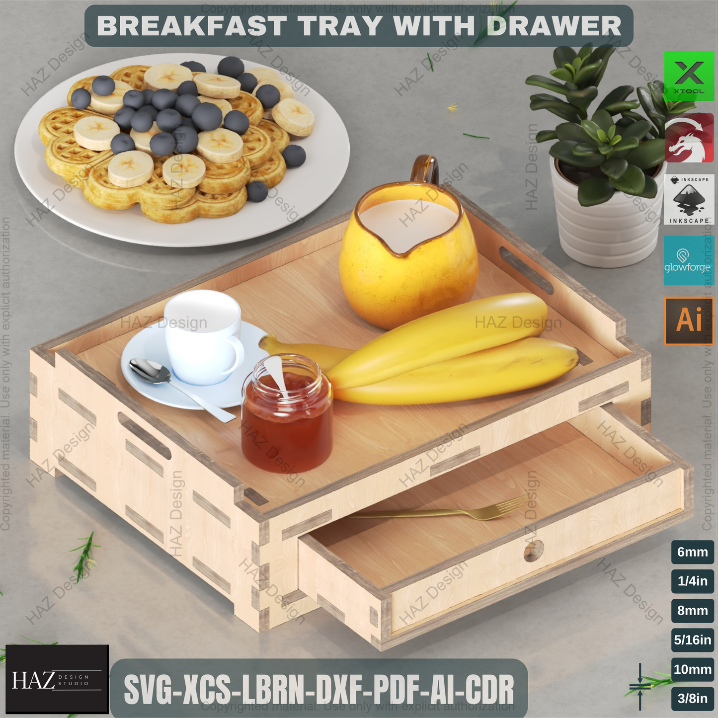Wooden Breakfast Tray with Drawer - Laser Cut Digital Design Plan 453