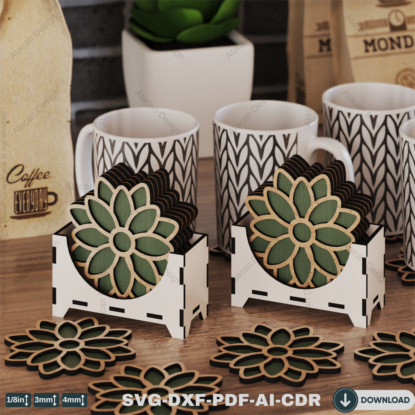 Modern Floral Coasters with Storage Box Ideal for DIY Laser Cutting,Decorative Pattern Coaster with Holder,5 Decorative Pattern Coaster 818
