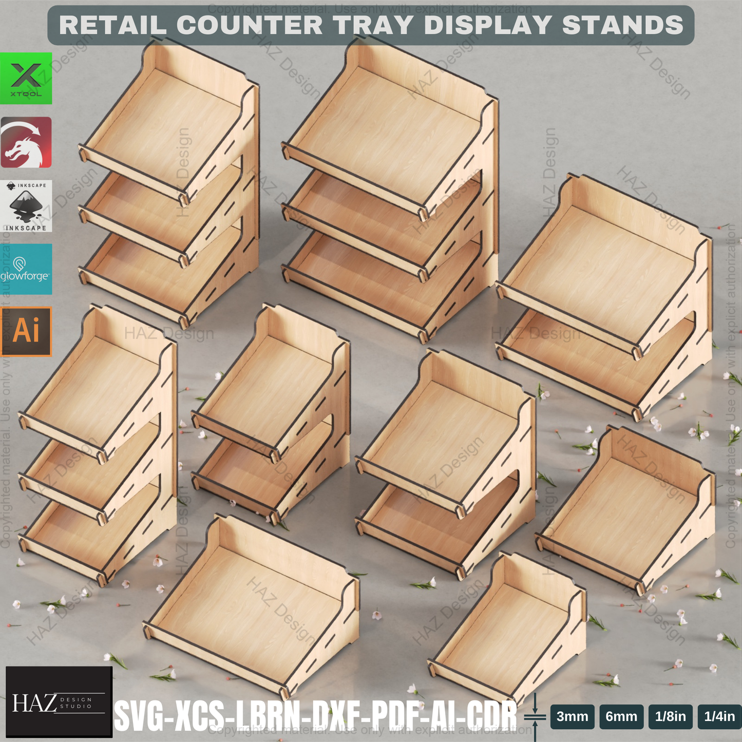 Laser Cut Curved Back Counter Tray Set | Multi-Size Tiered Display Stands | Retail & Market Files 441