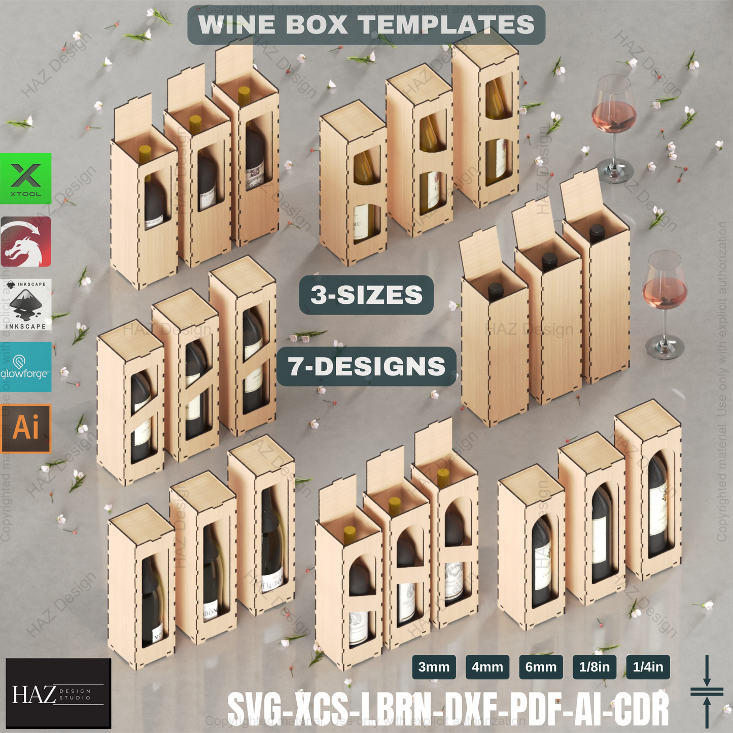 Laser Cut Wine Gift Box - 3 Sizes, 7 Designs - SVG Files,Wine Box Template - Laser Cut - 6 Thicknesses - Wood Gift 422