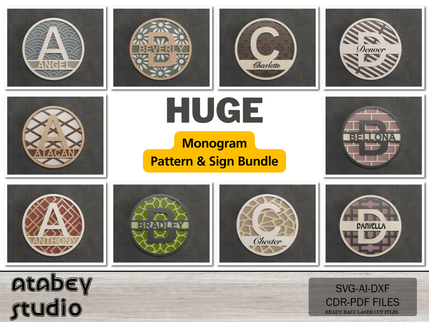 Personalized Monogram Split Letters - Custom Round Frame Name Signs with Intricate Patterns 719