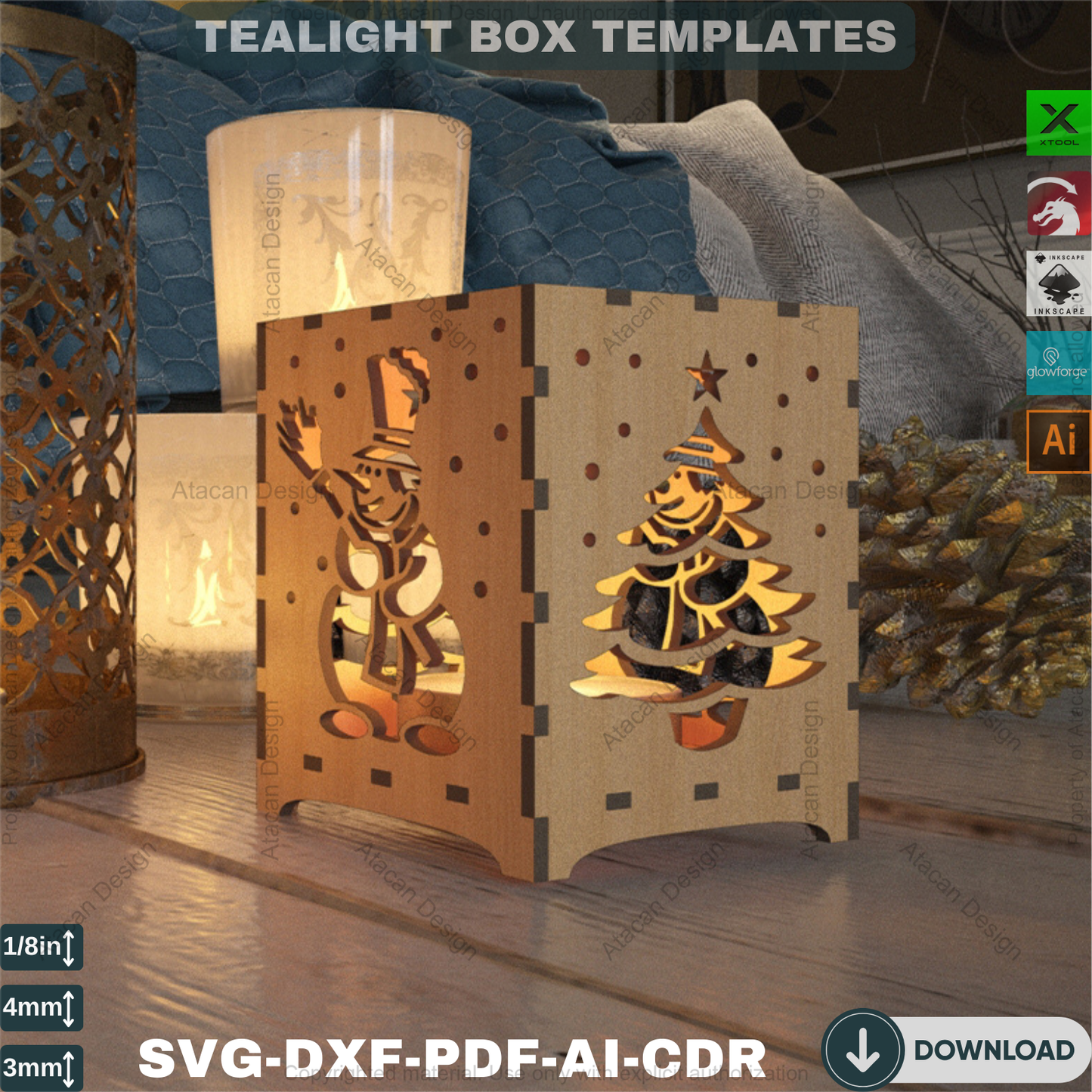 Christmas Engraved Floor Lamps / Plywood Light Design Decor / Box Desk lamp Laser Vector Art 186