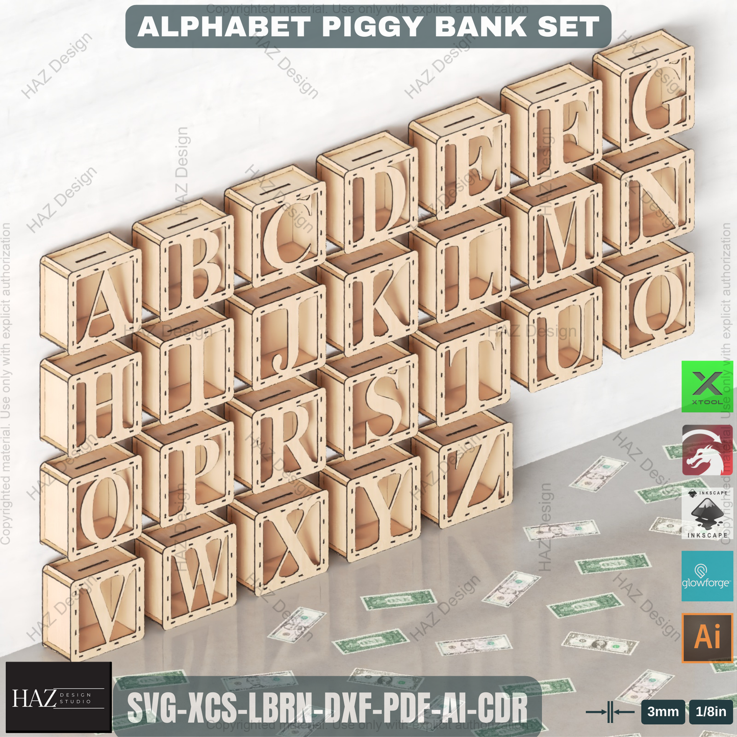Alphabet Piggy Bank Laser Files | A-Z Letter Money Box Set | DIY Kids Gift & Nursery Decor Plan 446
