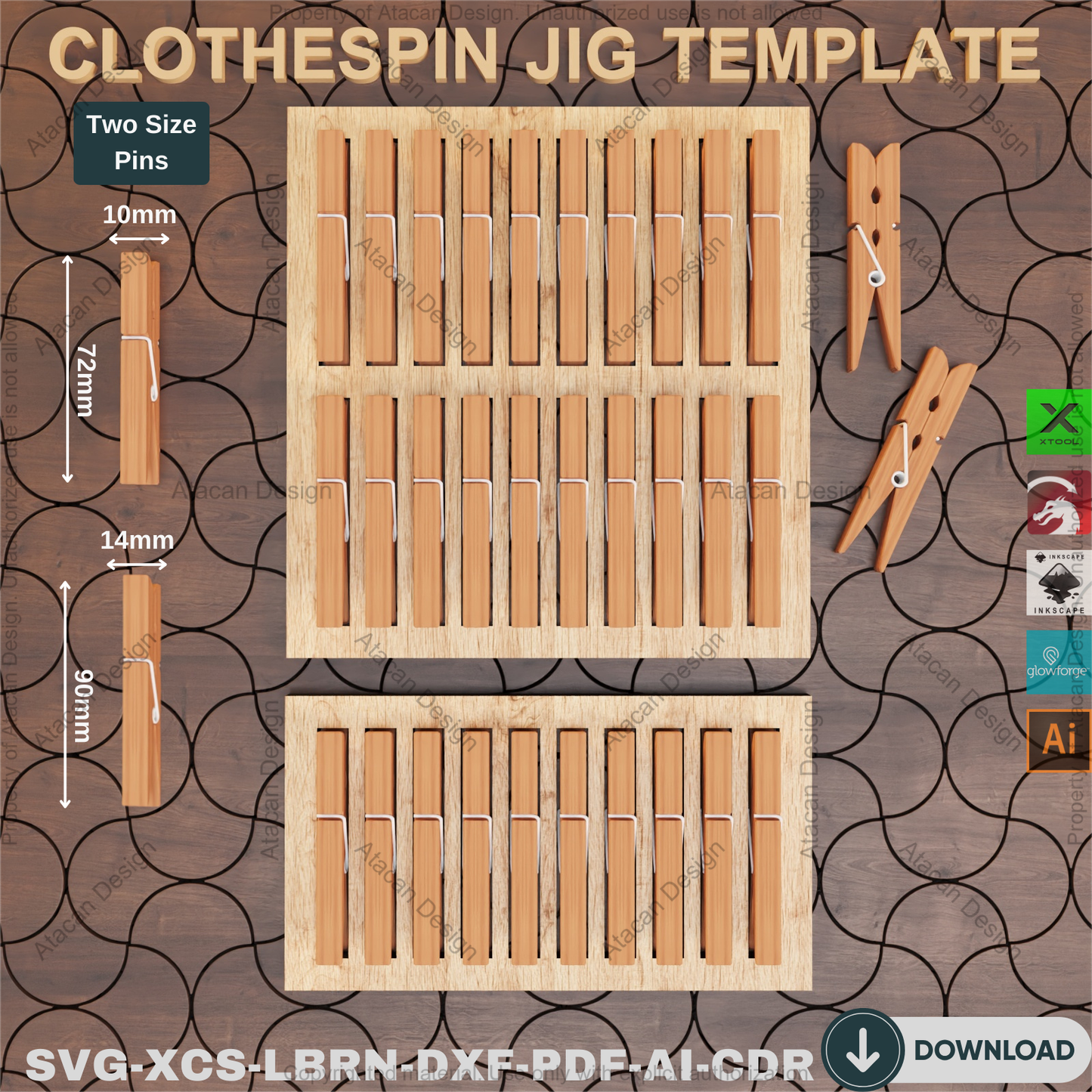 Laser Cut Clothespin Jig Template - Engraving Guide - Wood Clothespin Holder DIY, Accurate Placement, Craft Project 873