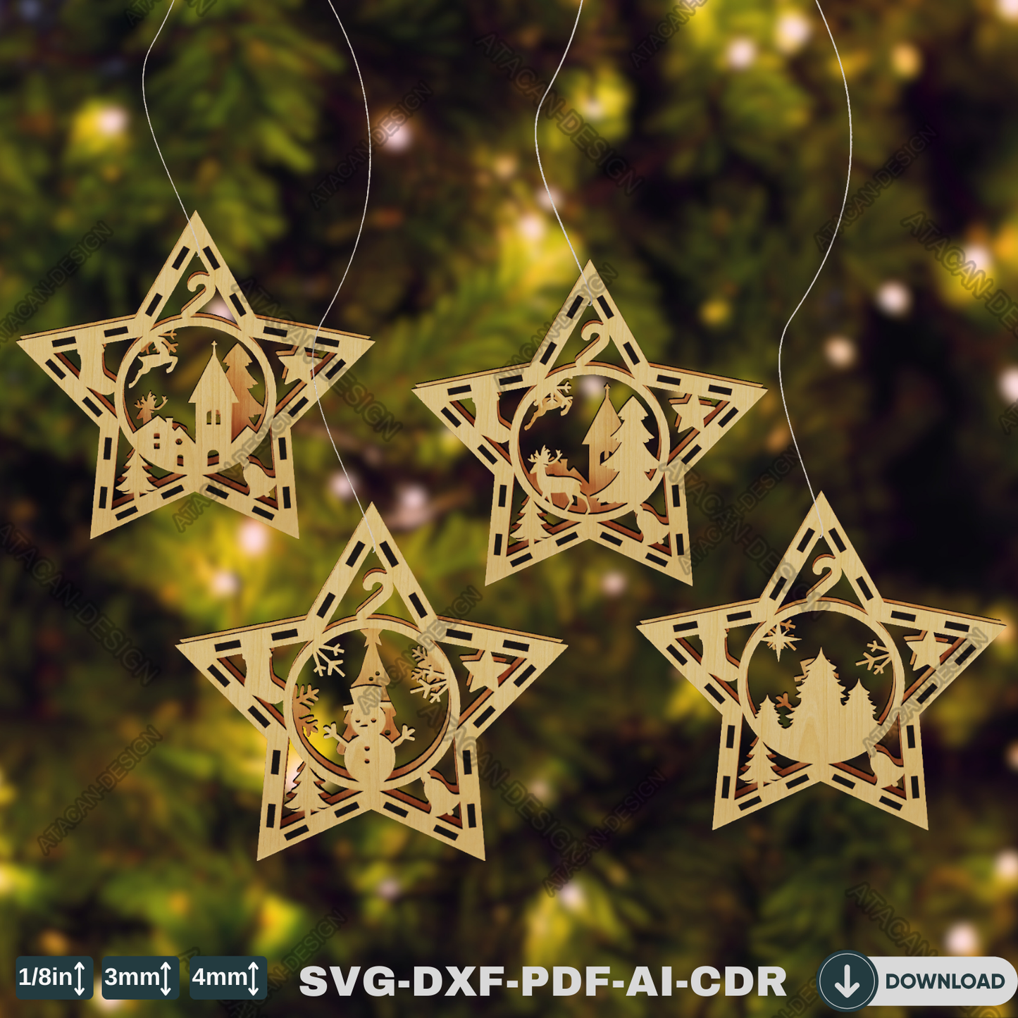 Elegant Wooden Christmas Baubles - Star Design with Snowy Scene, Deer & Winter Wonderland Details 770