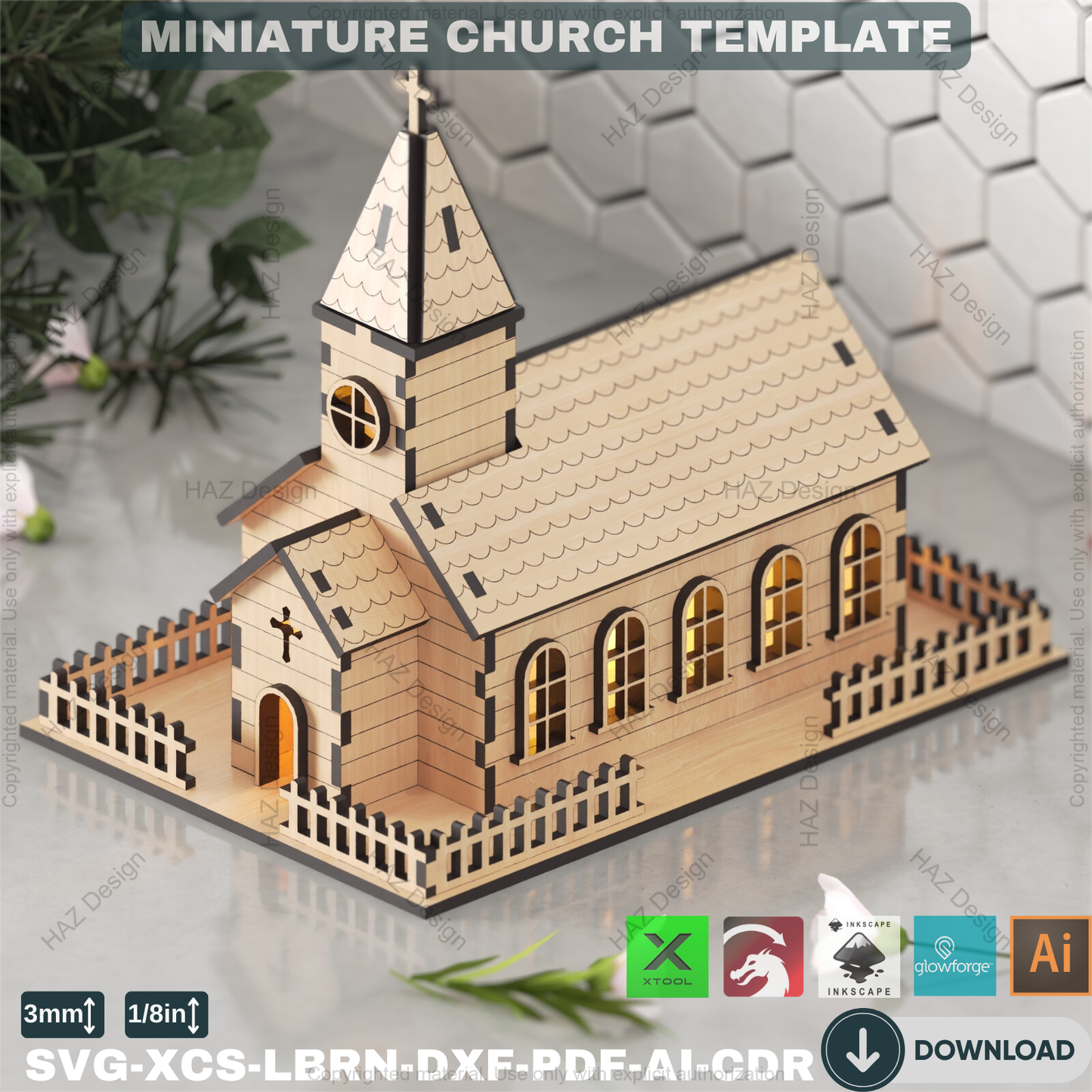 Laser Cut Miniature Church File - Detailed 3D Wooden Model for Decor - Digital Building Plan,Miniature Church Template for Glowforge & xTool 881