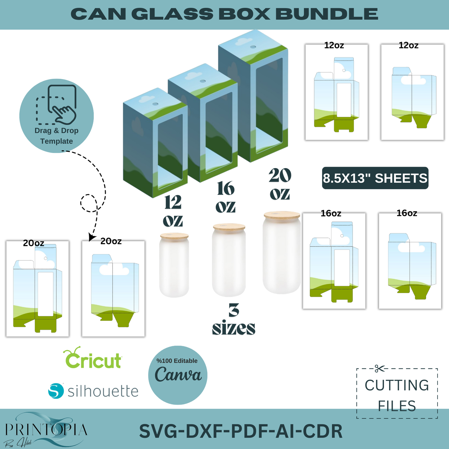 Glass Can Box Template Bundle | 12oz, 16oz & 20oz Cutting Files for Cricut Silhouette - svg, PDF, ai 171