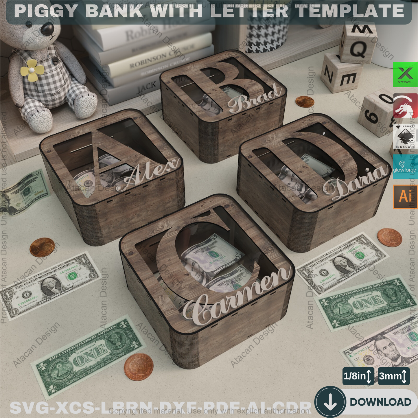 Rustic Letter Piggy Bank - Laser Cut Template - Wooden Coin Bank - Baby Shower - Custom Decor 875