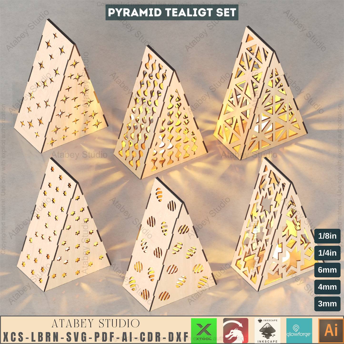 Laser Cut Pyramid Tealight Set | 6 Designs | LED Luminary & Table Decor,Tabletop Pyramid Tealight Designs 939