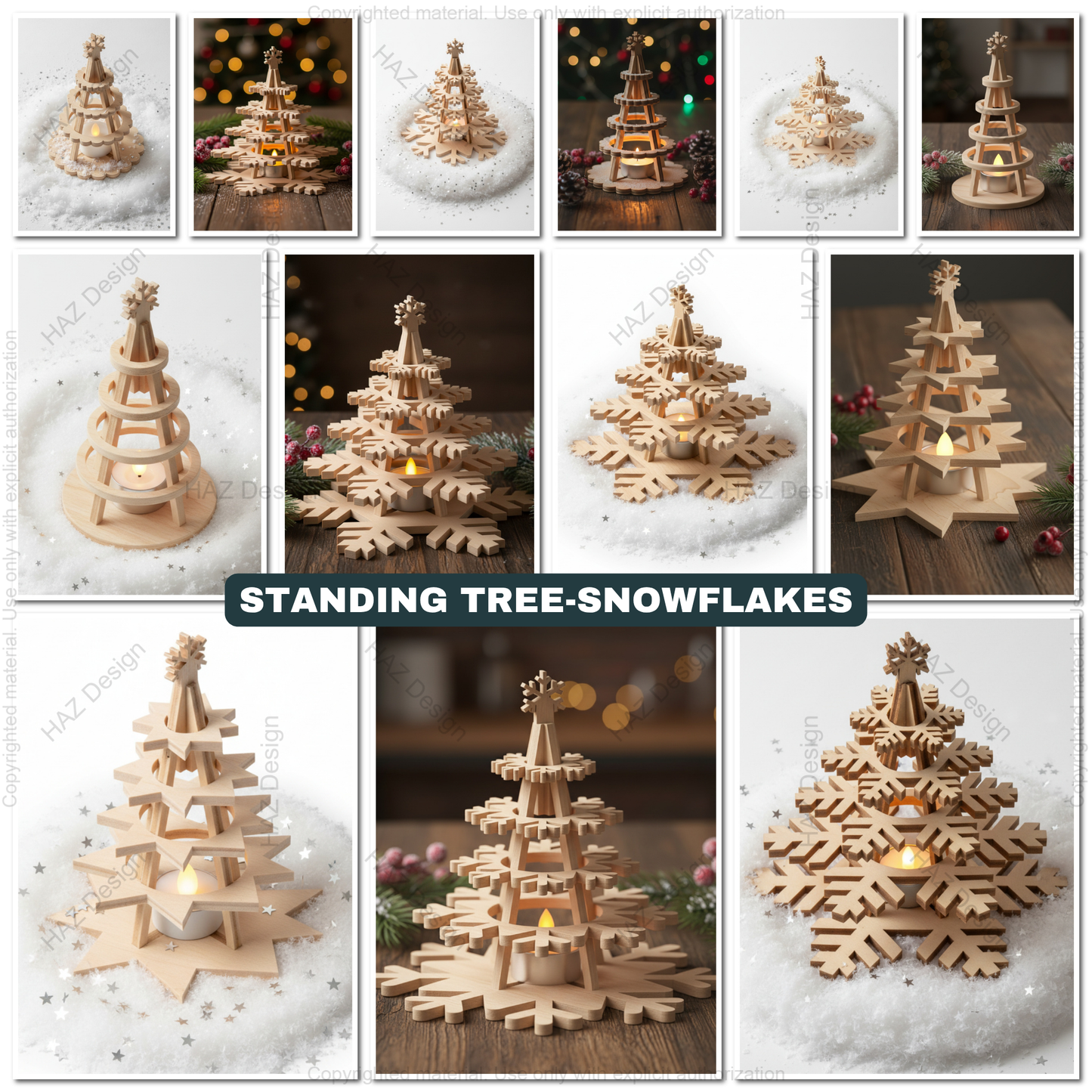 Wooden Snowflake Christmas Tree Light Decor Template Set Laser Cut Files for Holiday Table Centerpiece and Gift Craft 490