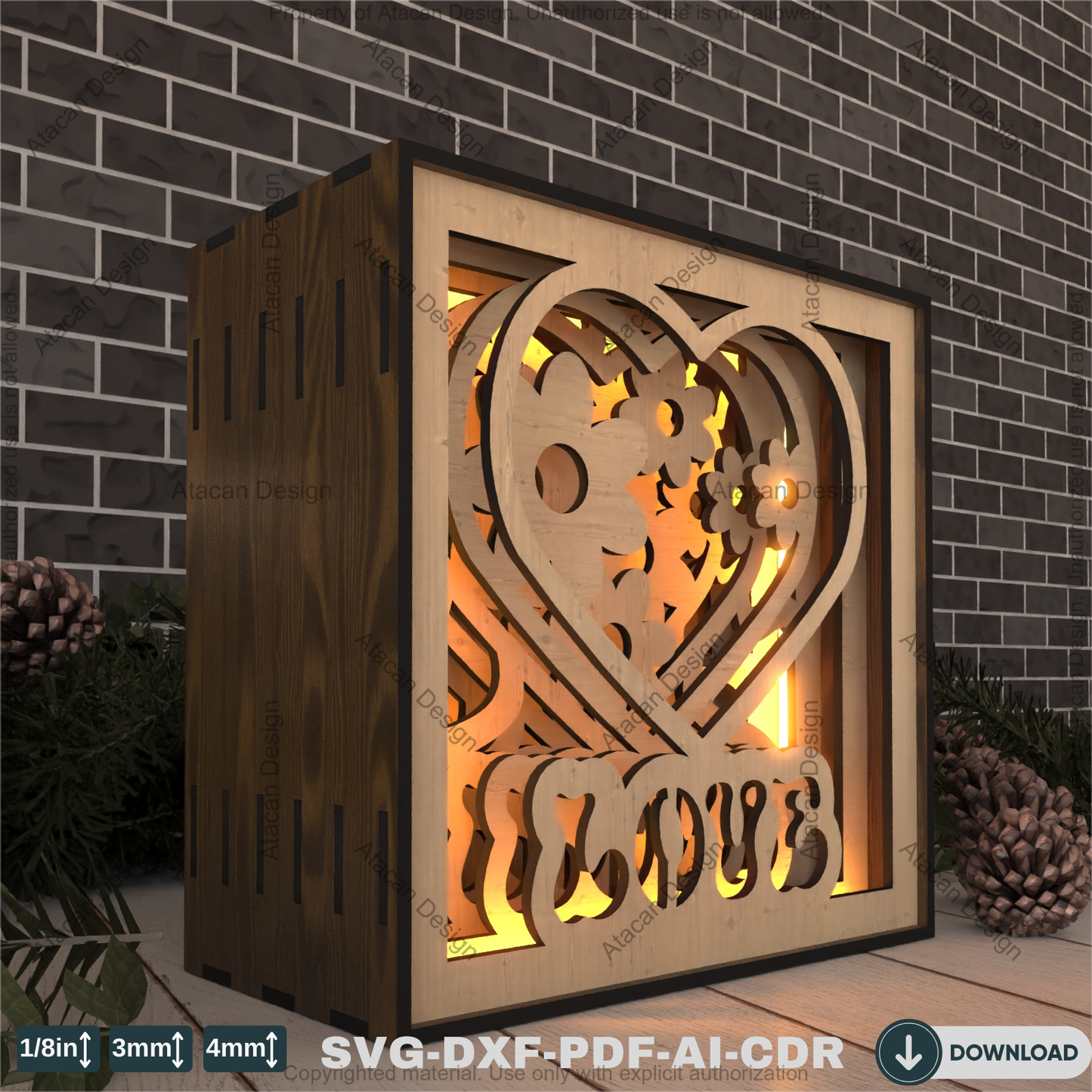 Romantic Heart Floral Shadow Light Box – Layered 3D Laser Cut Design 790