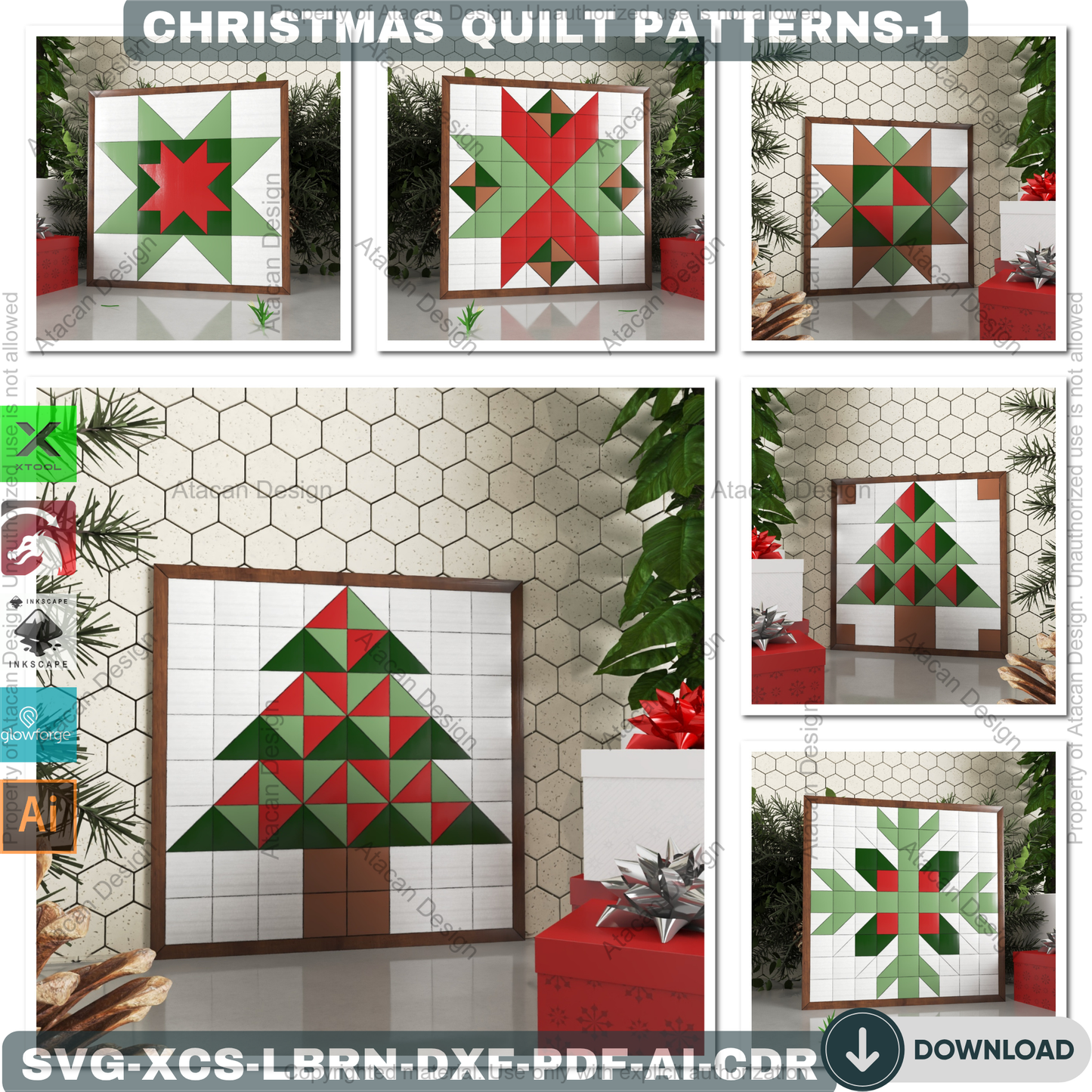 DIY Christmas Wall Art SVG, Festive Barn Quilt Pattern Collection, Laser Cut Files for Farmhouse Holiday Decor & Signs