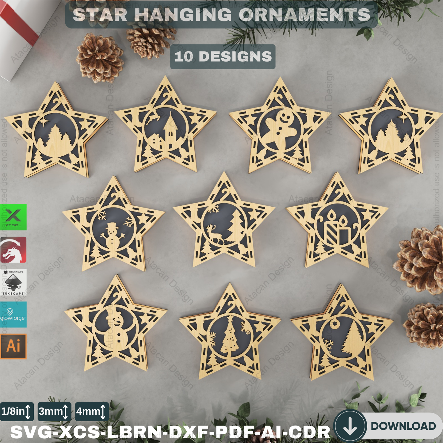 DIY Xmas Tree Stars: Laser Cut Designs for Holiday Decor, Set of 10,Holiday Star Ornament Bundle: Laser Cut Files, Festive Home Decor 876