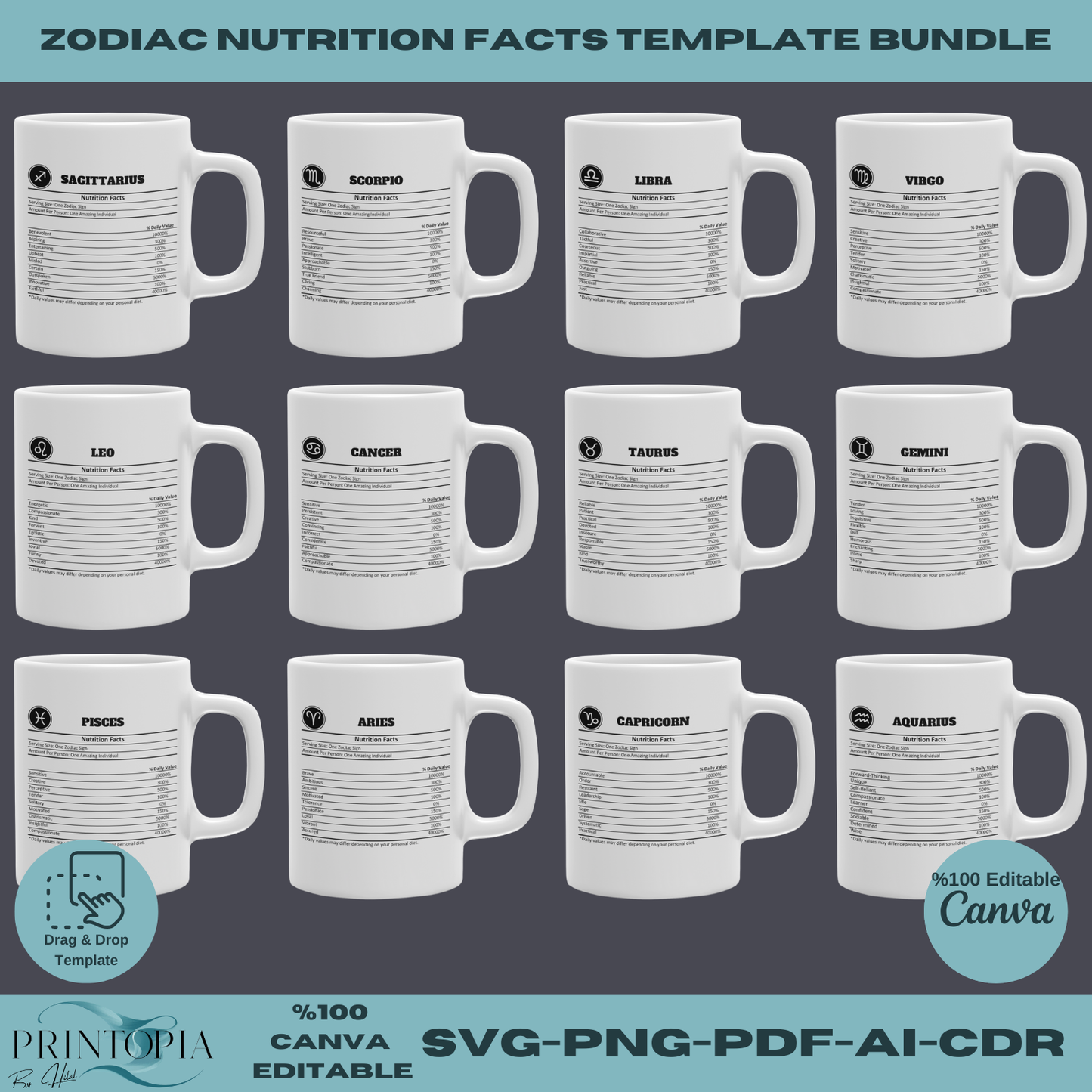Zodiac Sign Nutrition Facts Template Set - Fully Customizable Canva SVG Bundle for Digital & Printable Use 140