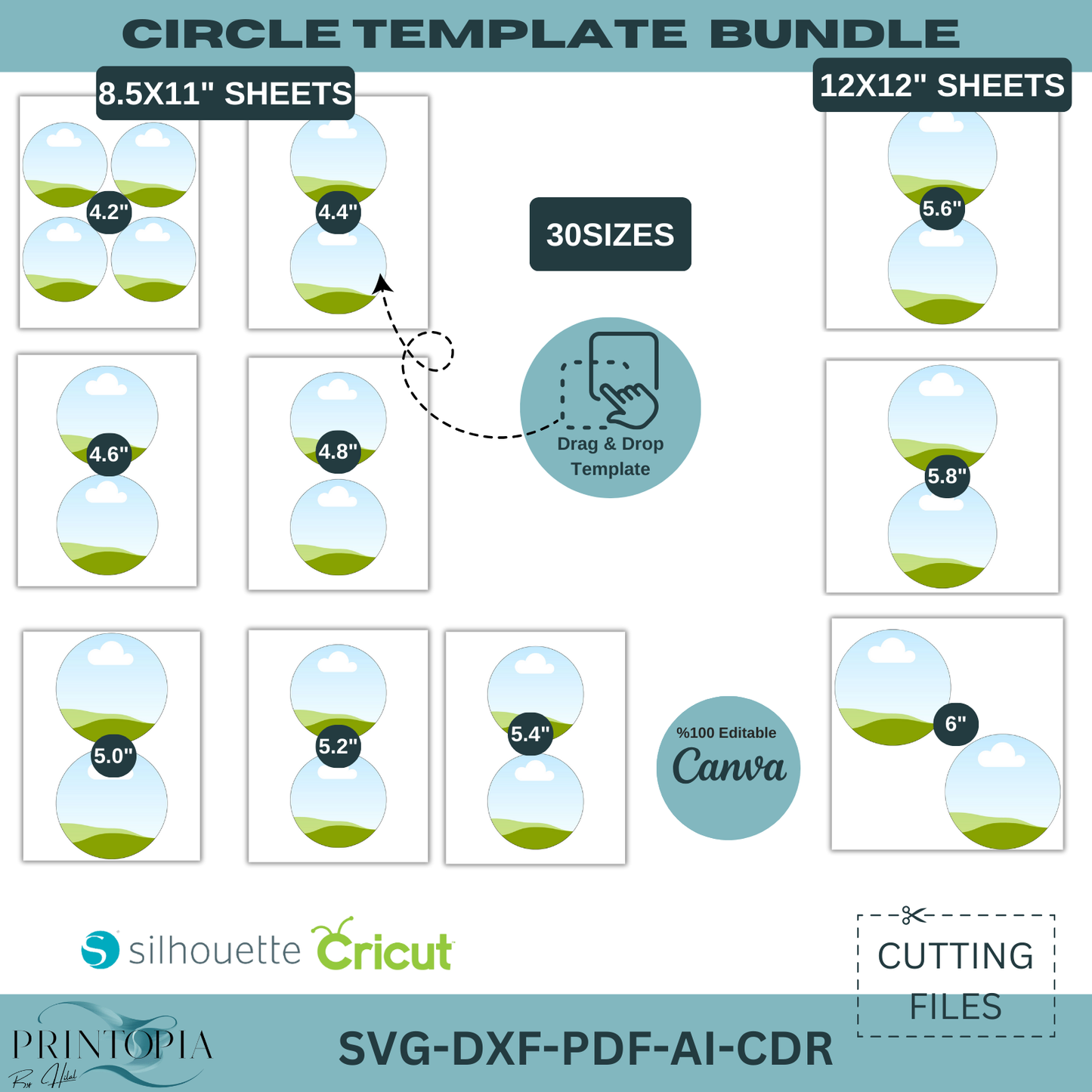Circle Template Bundle with 30 Sizes, 8.5x11 & 12x12 Sheets, Drag Drop Editable Design Files 174