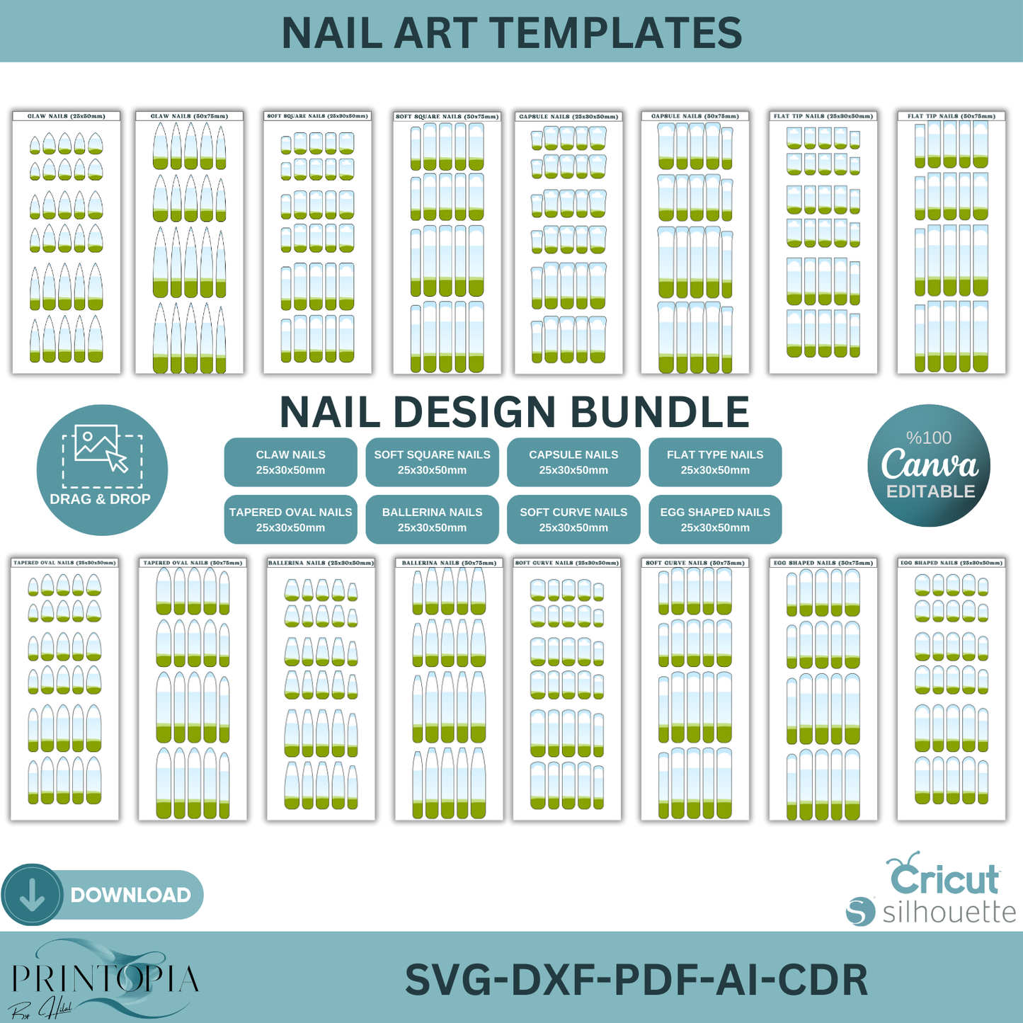 Nail Sizing & Design Template Bundle for Press On Nails, Editable Canva & SVG Decal Kit, Nail Tech Business Tool, All Shapes