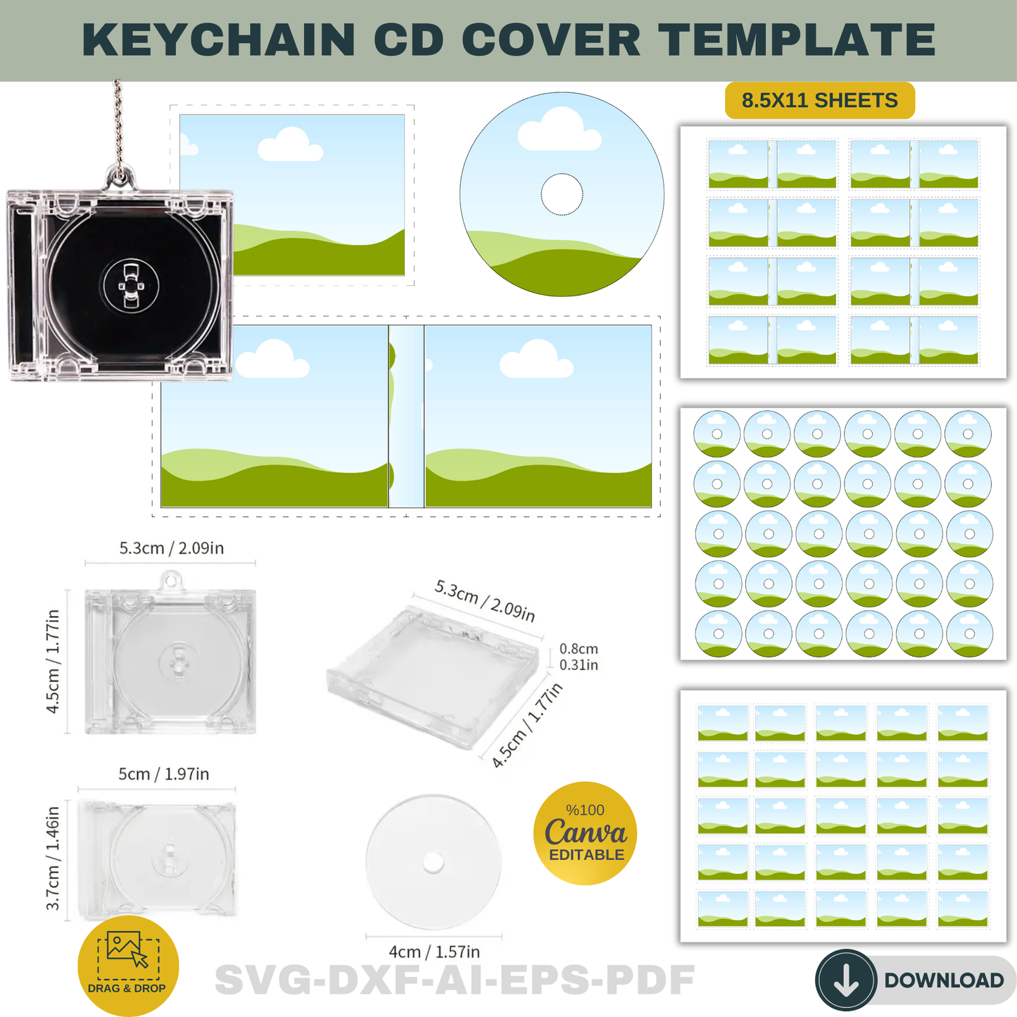 CD Keychain Template - SVG, Canva Editable - DIY Cover, Keychain Sublimation Design, Key Tag, Drag & Drop Ready.872