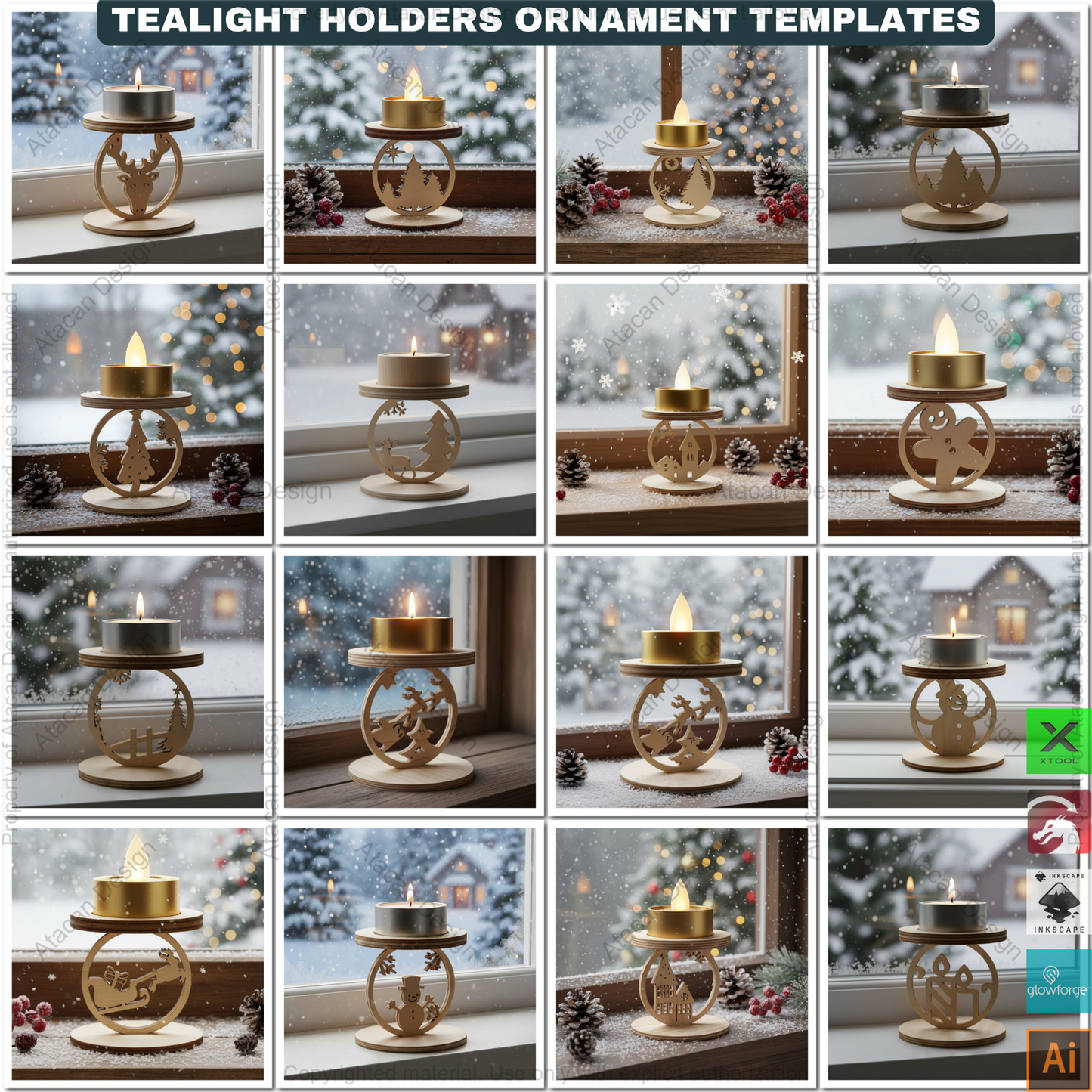 Snowflake Tealight Holder Set, Wooden Laser Cut Decor, Winter Candle Templates, Standing Tea Light Holders 907