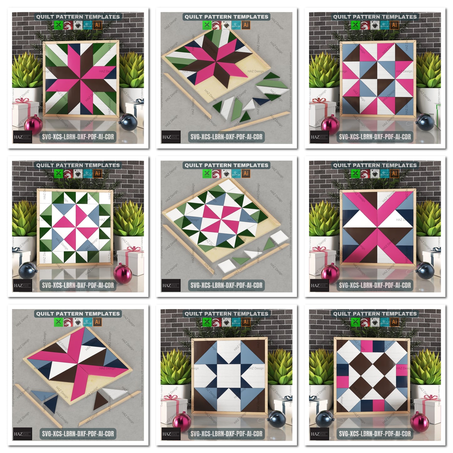 Wood Quilt Block Pattern Pack, Geometric Wall Art SVG, Laser Ready Files for Farmhouse Decor, DIY Barn Quilt Craft Project Bundle 461