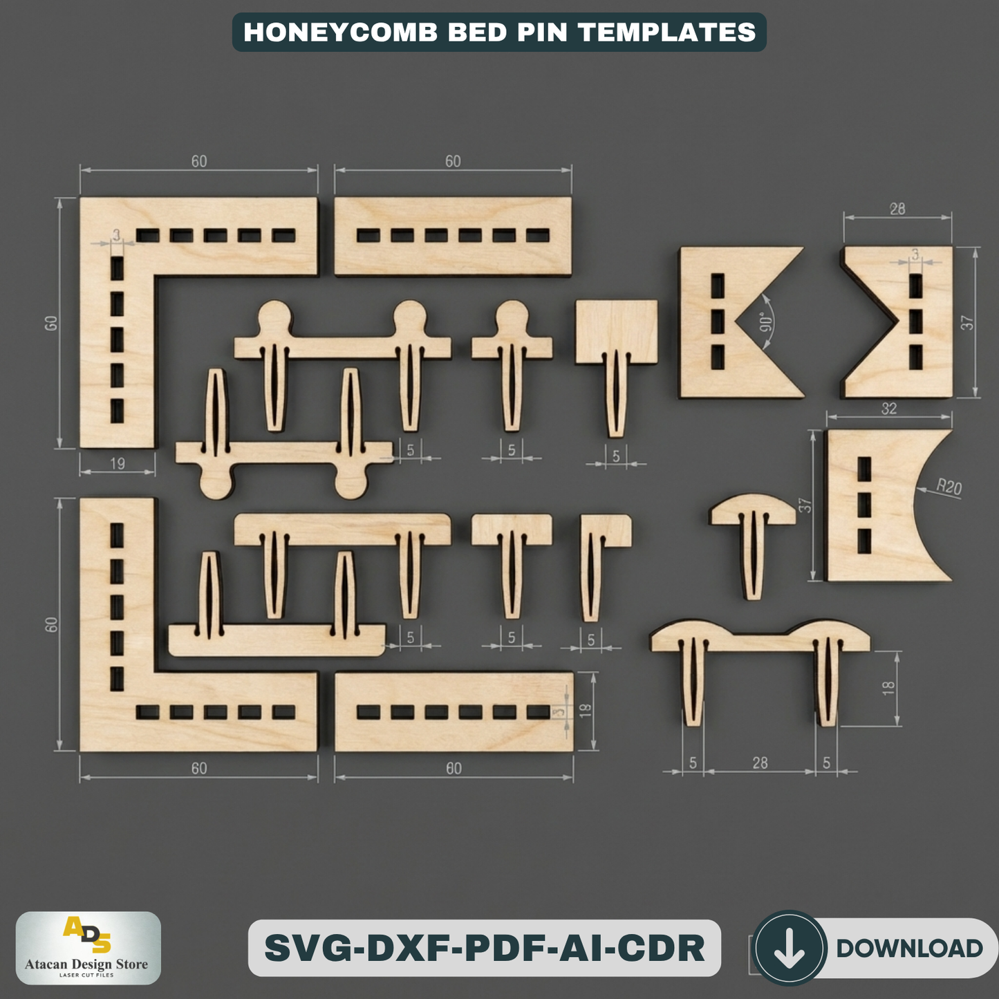 Honeycomb Bed Pin Templates / LaserCut Material Hold Down Pins / Bed Tray Pin Set 310