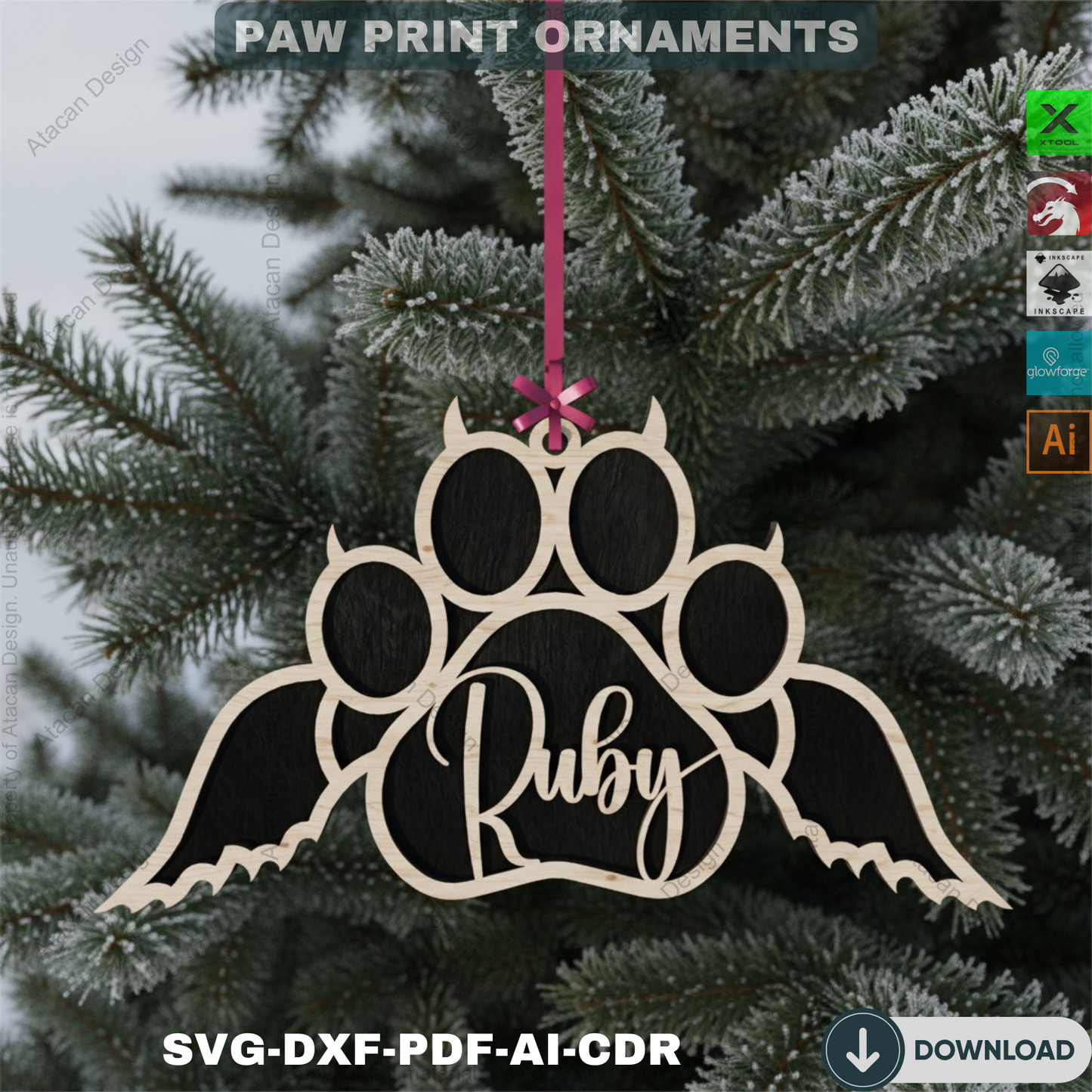 Personalized Dog Paw Ornament - Custom Wooden Pet Christmas Keepsake for Laser Cutting 809