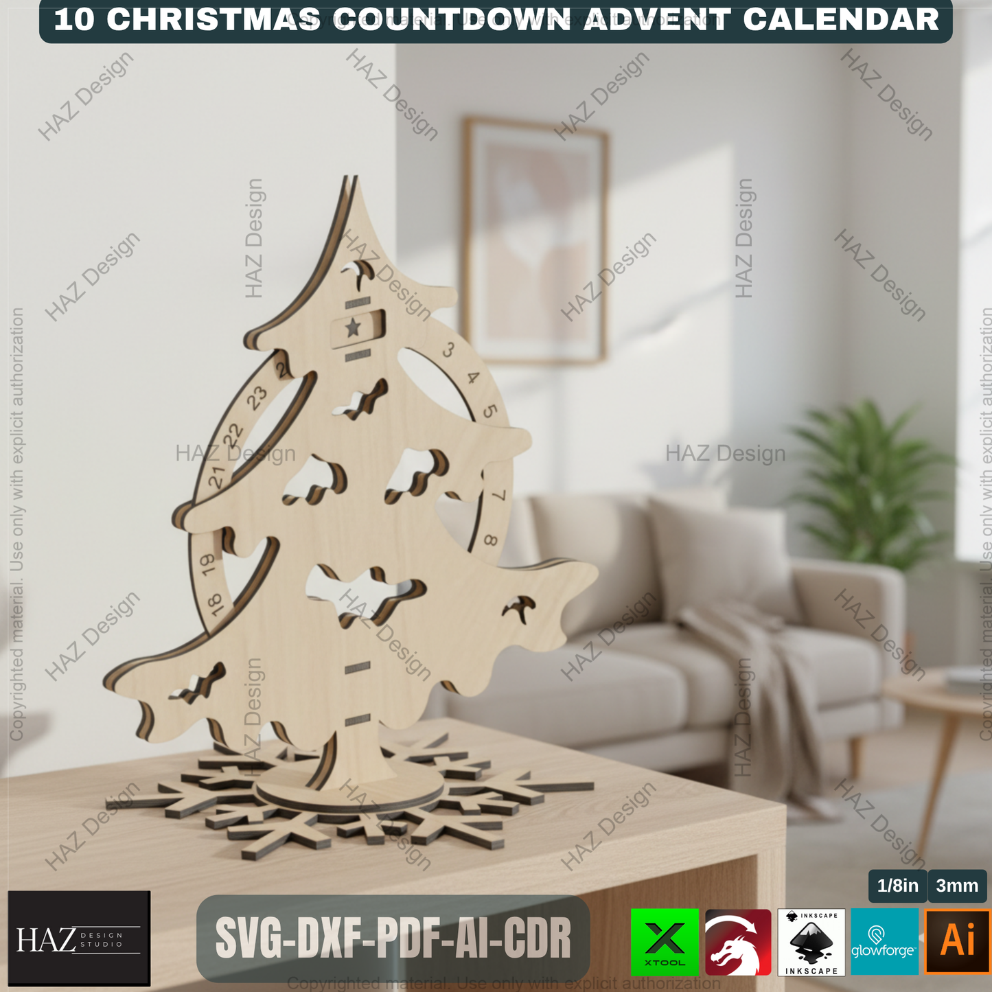 Festive Countdown Advent Calendar Laser Cut Files, Wooden Christmas Decor Template for Glowforge & Xtool, Holiday Craft Project 498