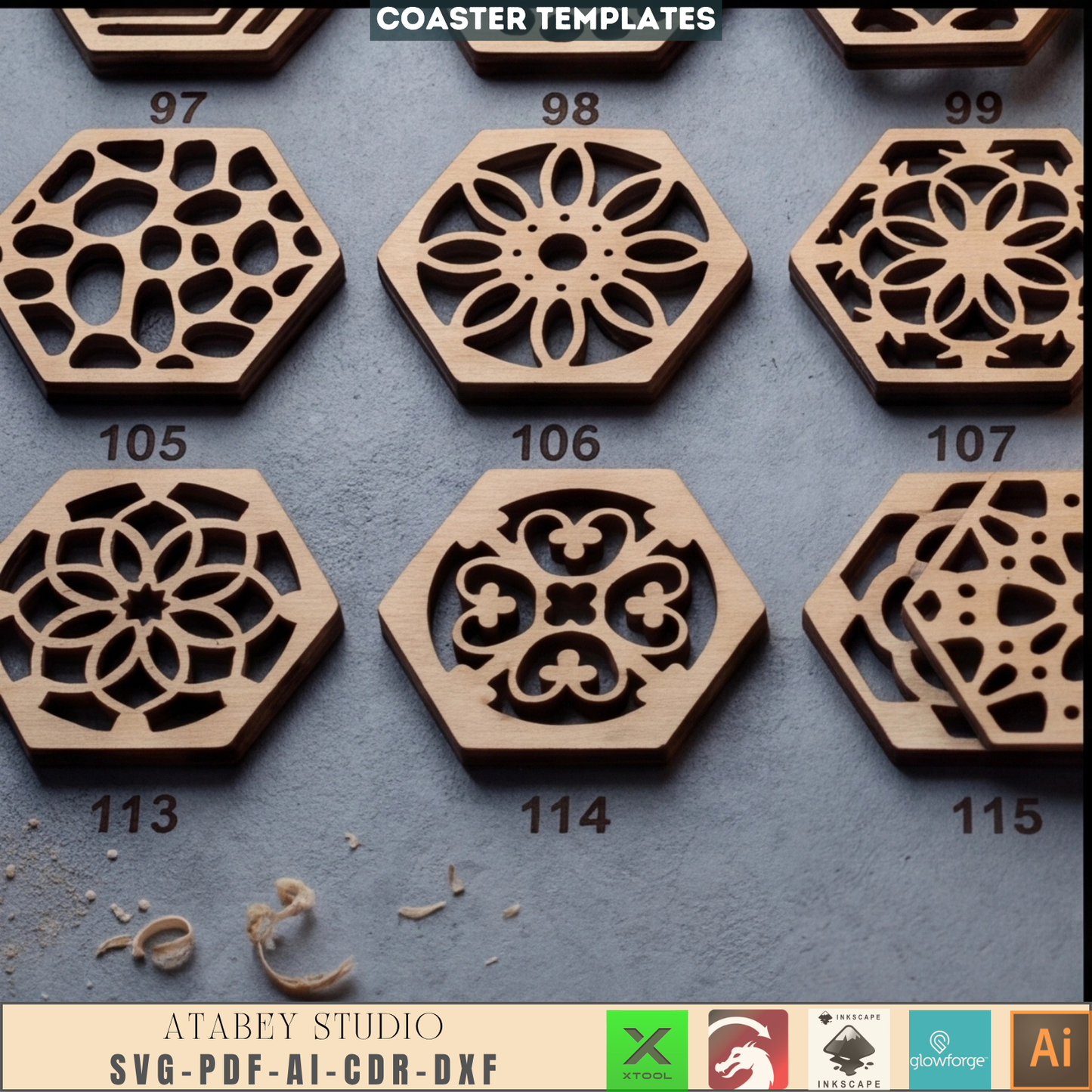 Geometric Hexagon Coaster Laser Cut File Bundle Wood Drink Coaster Template