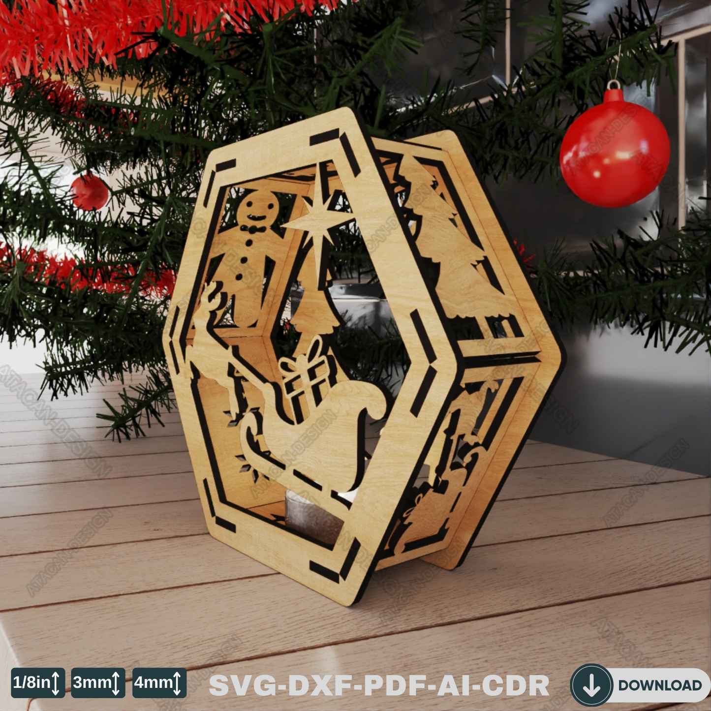 Christmas Hexagon Lantern - Laser Cut Wooden Candle Holder with Snowy Holiday Scenes 768