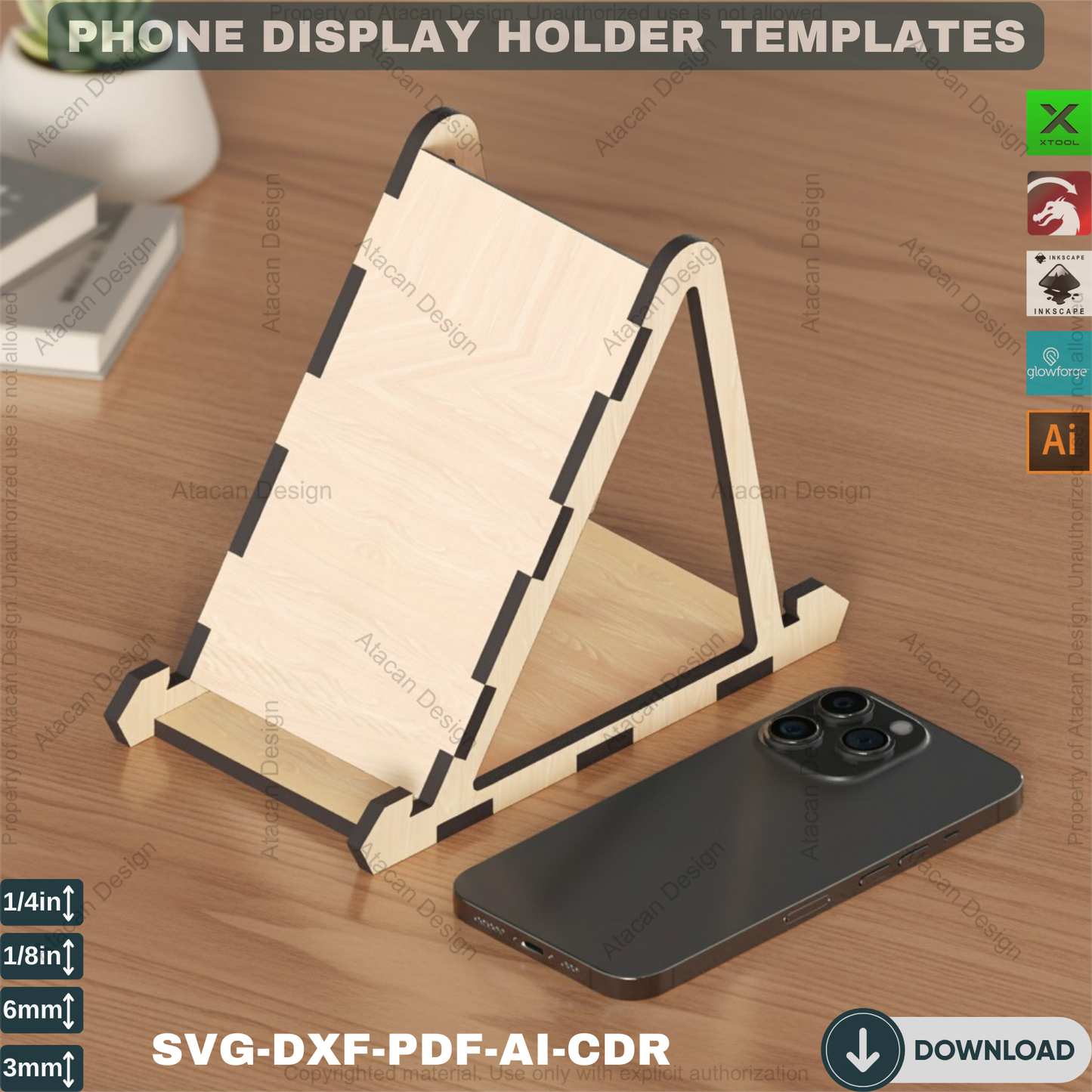 Laser Cut Phone Stand Plan,Wooden Phone Stand Laser Plan Modern Cell Phone Holder for Desk Adjustable Thickness Design Digital Download 108