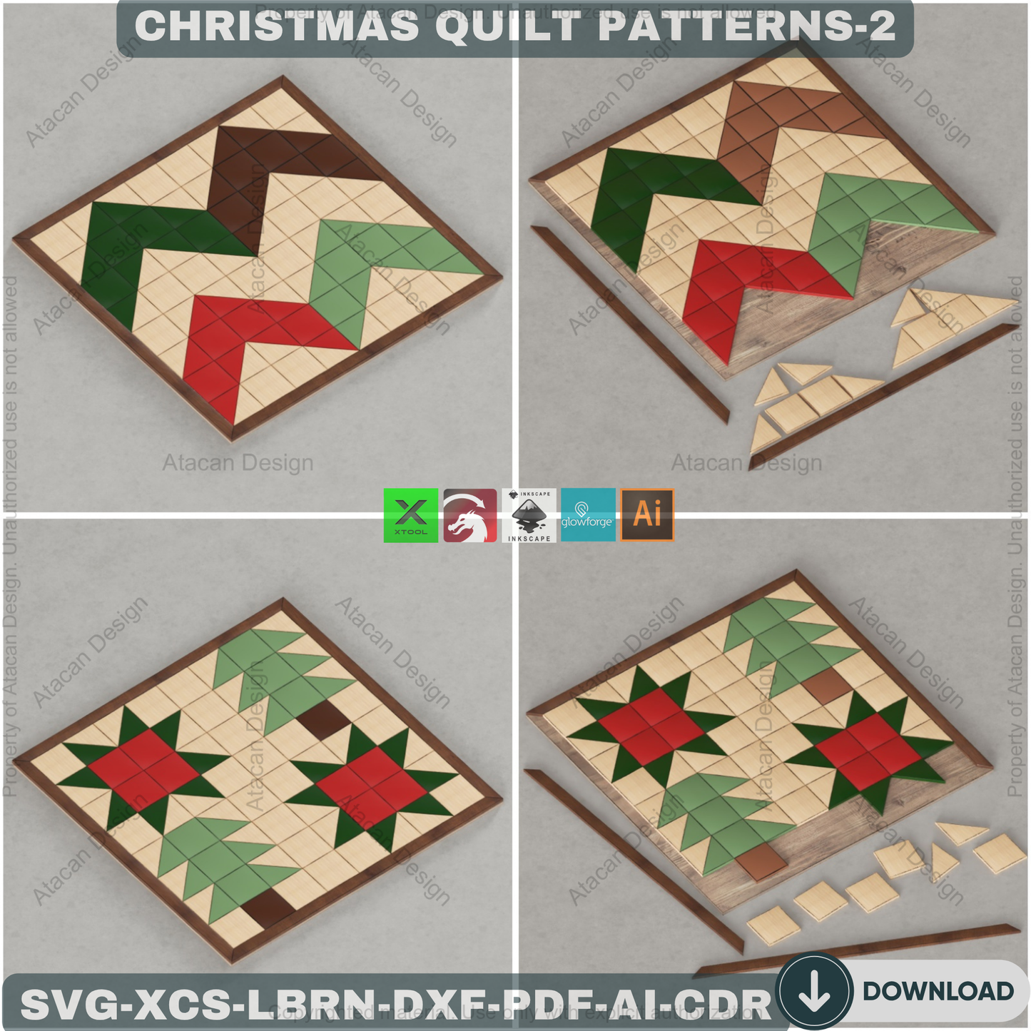 Christmas Patchwork SVG Files, Holiday Wood Quilt Block Templates, Laser Cut Tree and Snowflake Art for Farmhouse Decor 891