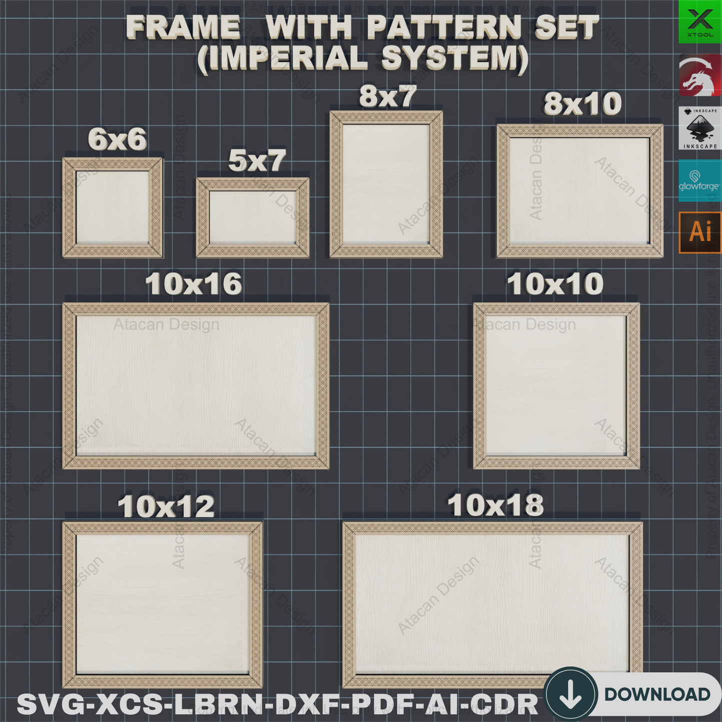 Photo Frame Laser Cut: SVG, 2 Styles, 8 Sizes, Xtool Ready,Patterned Frame SVG: Laser Cut Photo Frames, 2 Designs, 8 Sizes 856
