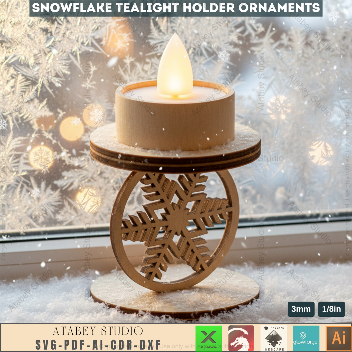 Winter Snowflake Tea Light Holder Set | Wooden Laser Cut Candle Stand Pattern | Christmas Ornament DIY Digital Craft Files 963