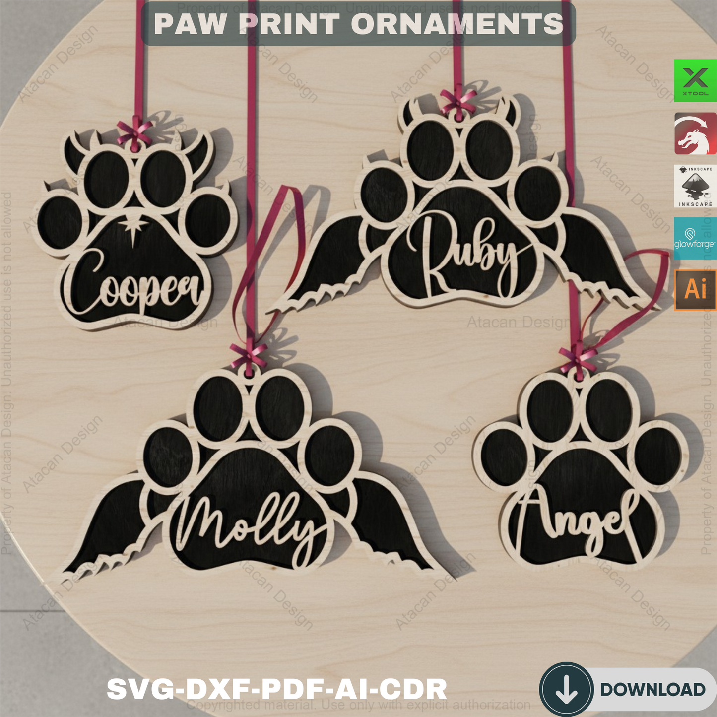 Personalized Dog Paw Ornament - Custom Wooden Pet Christmas Keepsake for Laser Cutting 809